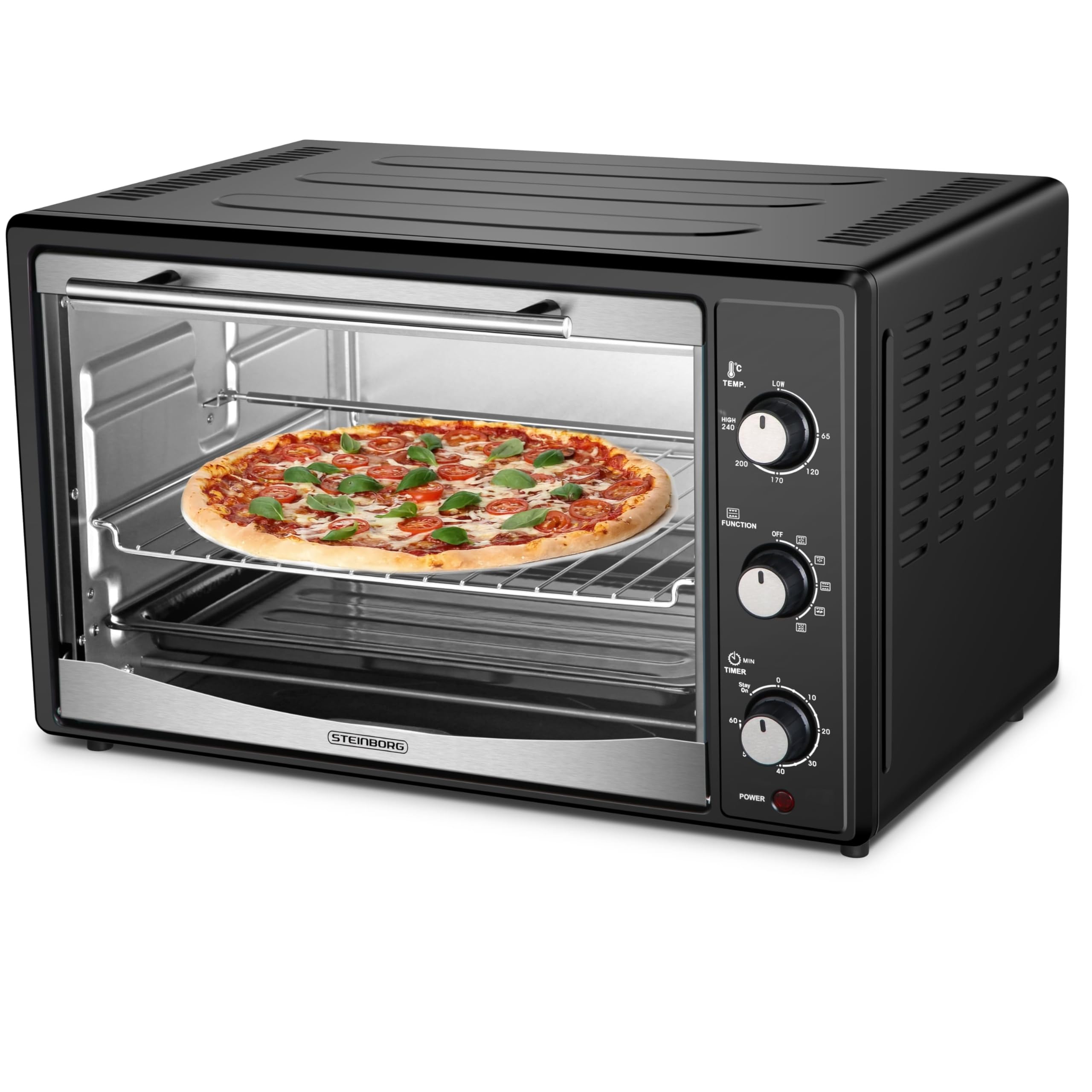 Mini piekarnik 45 litrów z termoobiegiem | elektryczny rożen obrotowy | 1800 W | piec termoobiegowy | piec do pizzy | oświetlenie wewnętrzne | w zestawie blacha do pieczenia i ruszt do grillowania |