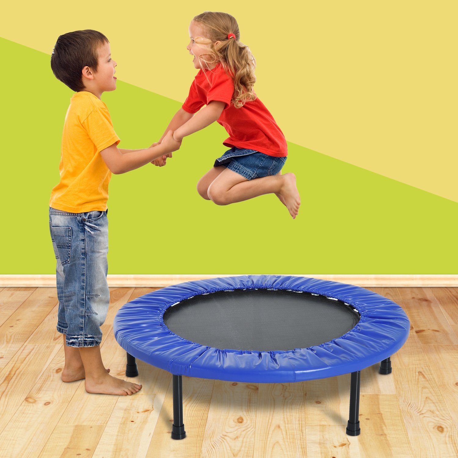 HOMCOM Cama Elástica Fitness Ø81 cm Trampolín de Acero con Borde Protector y 28 Resortes para Ejercicios en Interior y Exterior Carga 100 kg 81x81x22,5 cm Negro y Azul