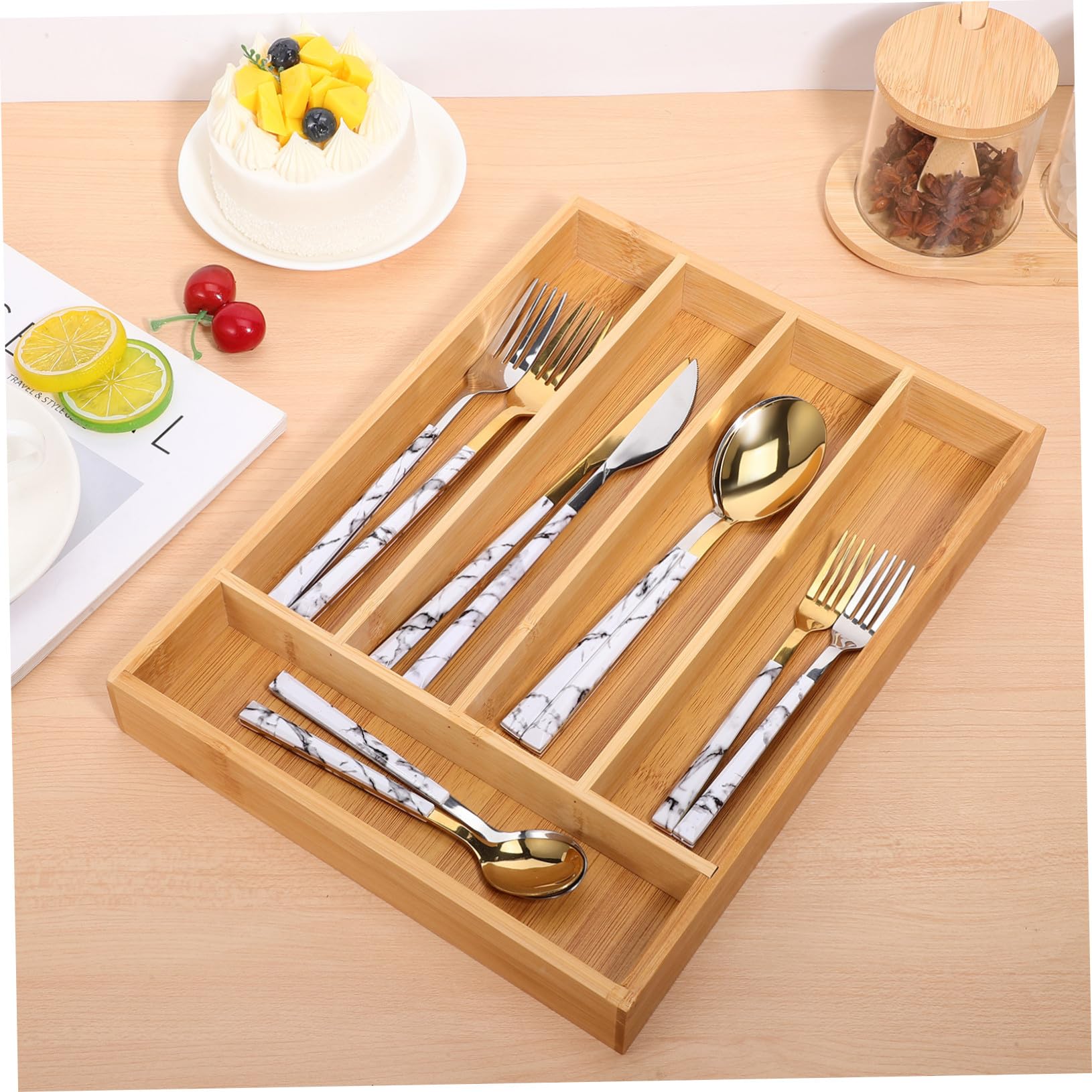 COLLBATH Organizador de Cajones de Cocina de Bambú Resistente al Desgaste y Fácil de Organizar Marrón Diseño Elegante Adecuado para Almacenamiento en Cocina