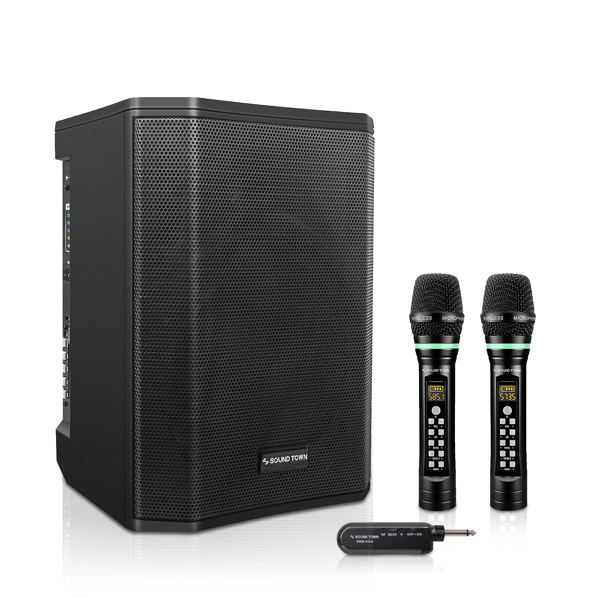 Sound Town Portable PA/DJ System with One Multi-Position Powered PA Speaker, and Two UHF Wireless Microphones (CARPO-S1SWM01)