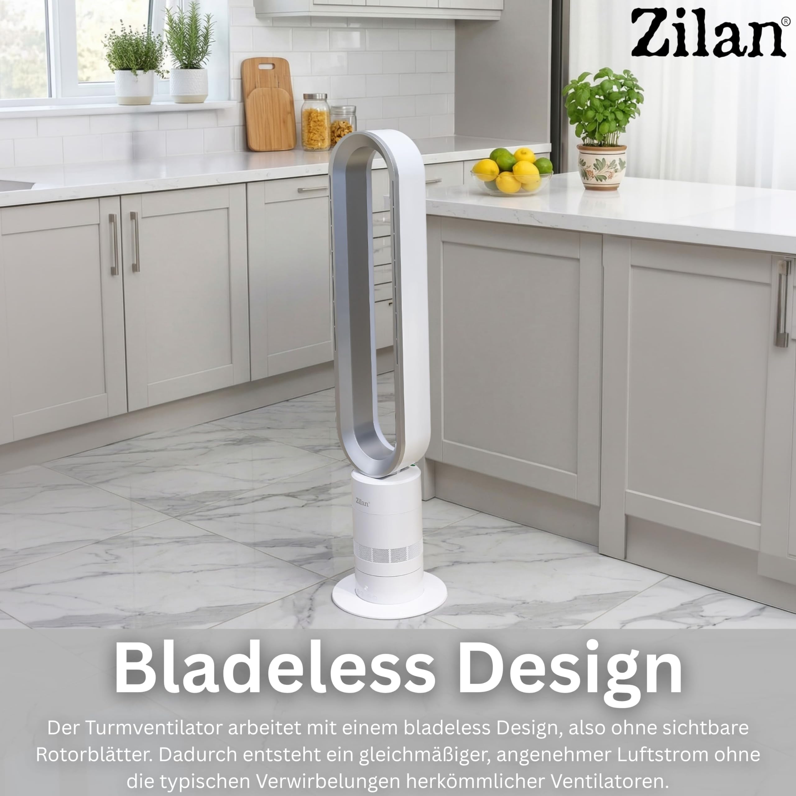 Zilan Turmventilator leise mit Fernbedienung – energiesparender BLDC Motor Standventilator mit Kühlung - Säulenventilator 10 Sufen & 10 Modi, 900 m³/h, Oszillation, Timer, Touch Display