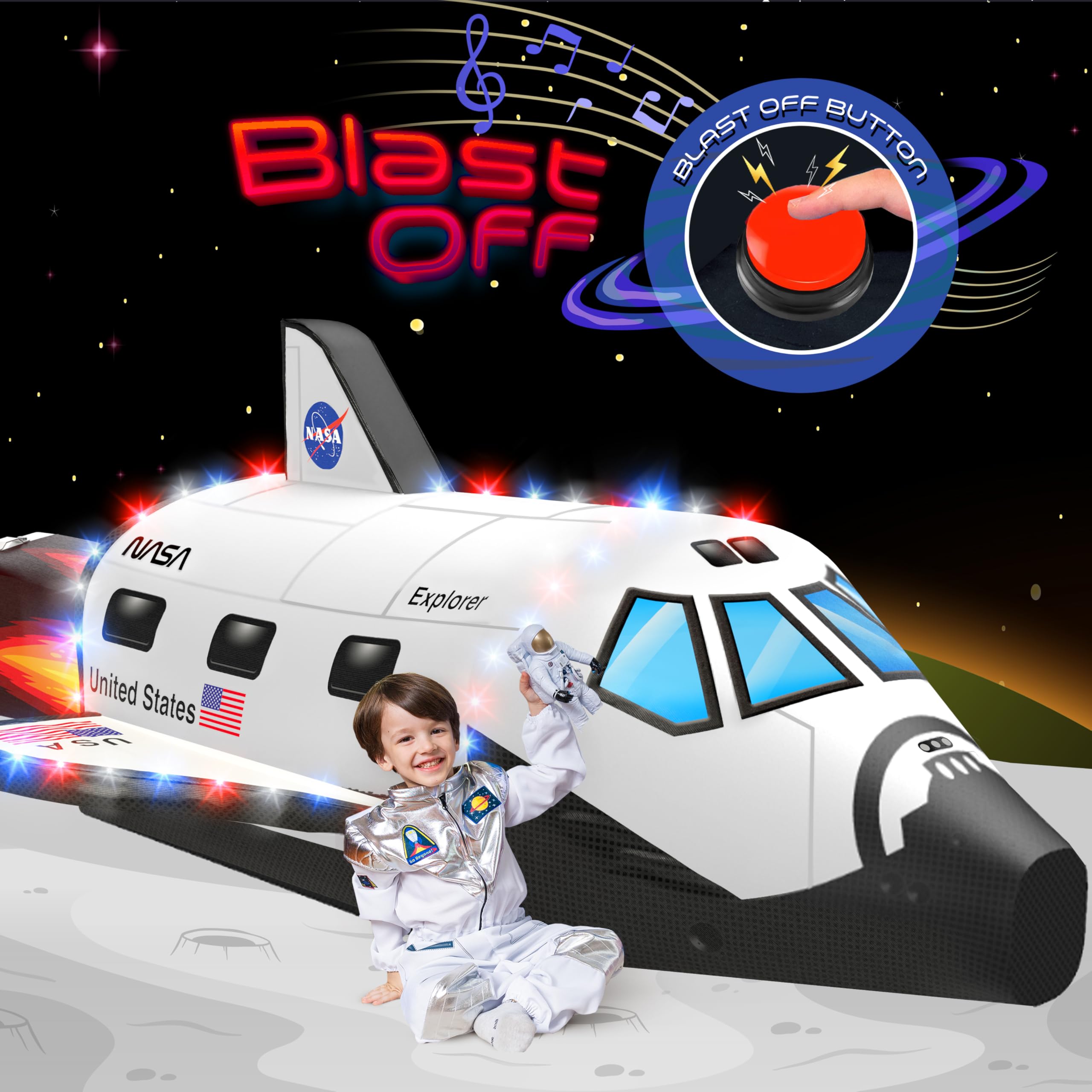 W&O Space Explorer Aerodome With LED Lights & Blast Off Button - Inflatable Space Fort for Kids Aged 3-12 - Inflates in Seconds - Blow Up Rocket Ship Tent - (Fan Not Included)