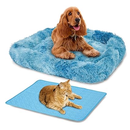 Boldeed 2 in 1 Rectangle Pet Bed and Cooling Mat, Long Plush Cat Bed Dog Bed and Ice Pad for Small, Medium, Large Dogs/Cats, Suitable for All Seasons Blue L