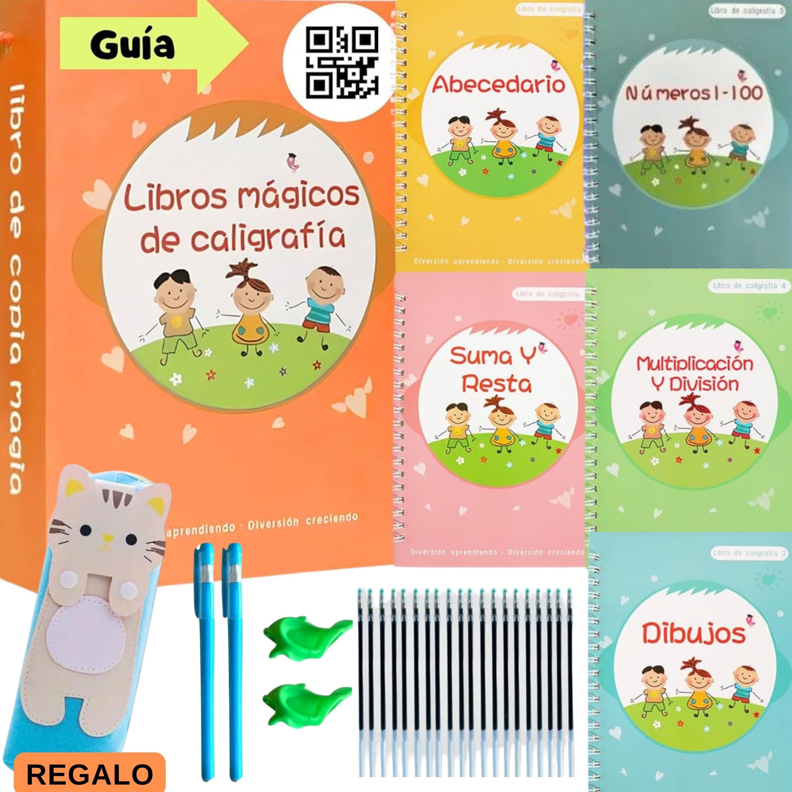 Caligrafia Niños para 6,7,8 y 9 años - Cuaderno Caligrafia para aprender a Escribir de forma Divertida - Mejora la Grafomotricidad - Reutilizables (5 libros, 20 boligrafos Borrables, Guía y Estuche)