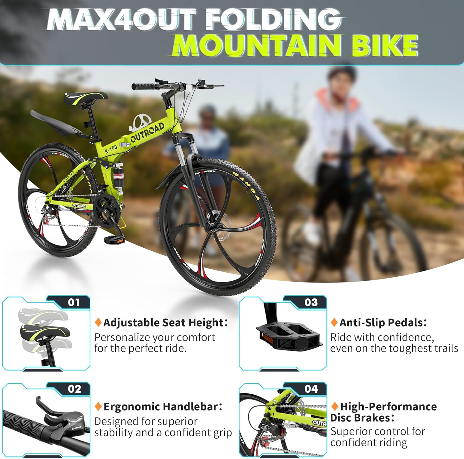 Max4out 26 Inch Folding Mountain Bike, 21 Speed Full Suspension Bicycle Dual Disc Brake Non-Slip Quick Release tire for Adults Men Women(Balck/Pink/Green/Orange/White/Purple)