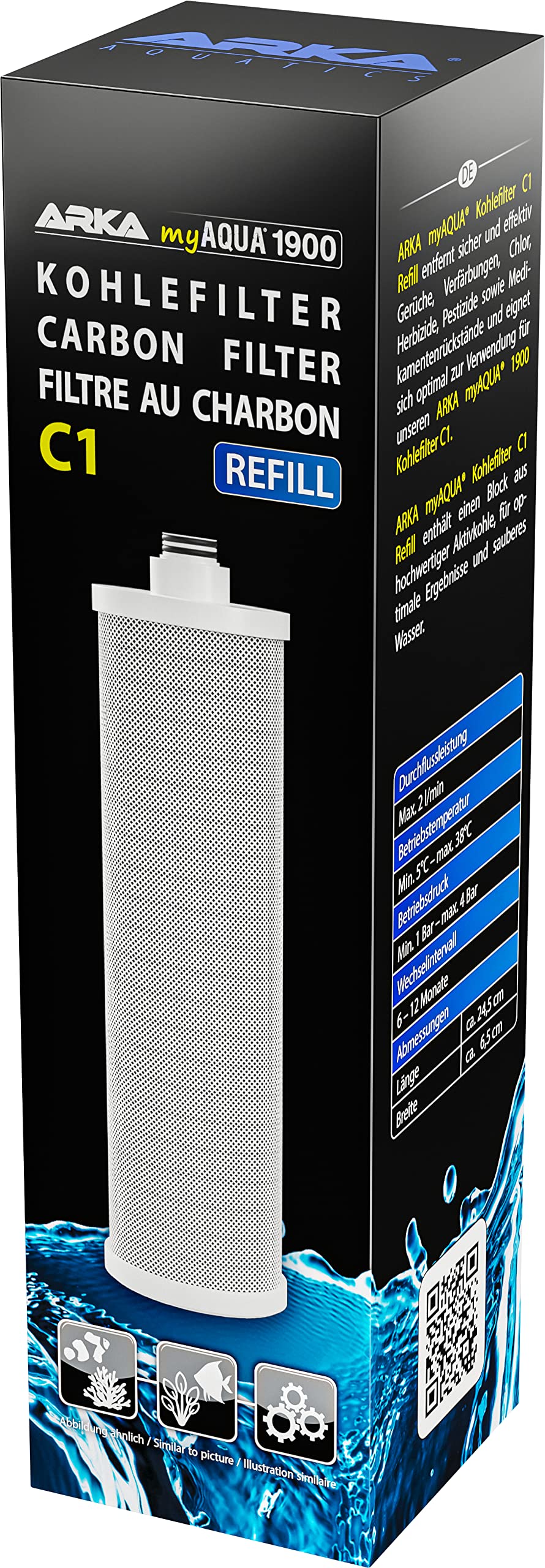 ARKA - myAqua1900 Carbon Filter C1 Refill for Filtering Dirt Particles and impurities Such as Rust and Sand, Chlorine, herbicides, pesticides and Medication residues from The Water