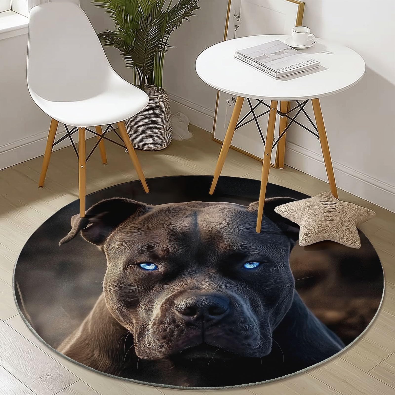 Tapis rond bouledogue lavable 160 cm résistant aux taches brun
