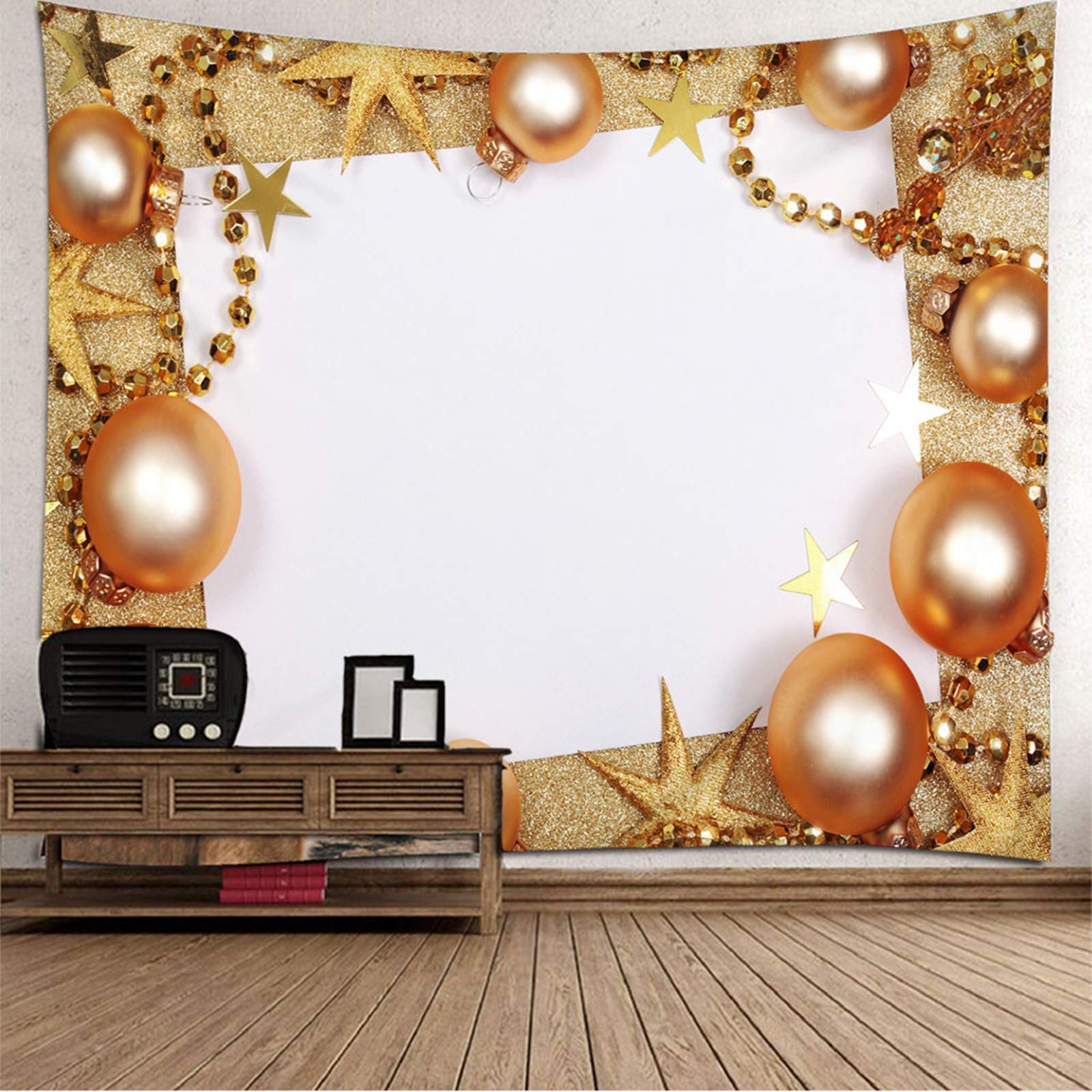Banemi Sztuczny dywan ścienny, bombki bożonarodzeniowe, gwiazdy, perły w kolorze złotym, poliester, ozdoba na ścianę, biżuteria dla kobiet 240 x 220 cm