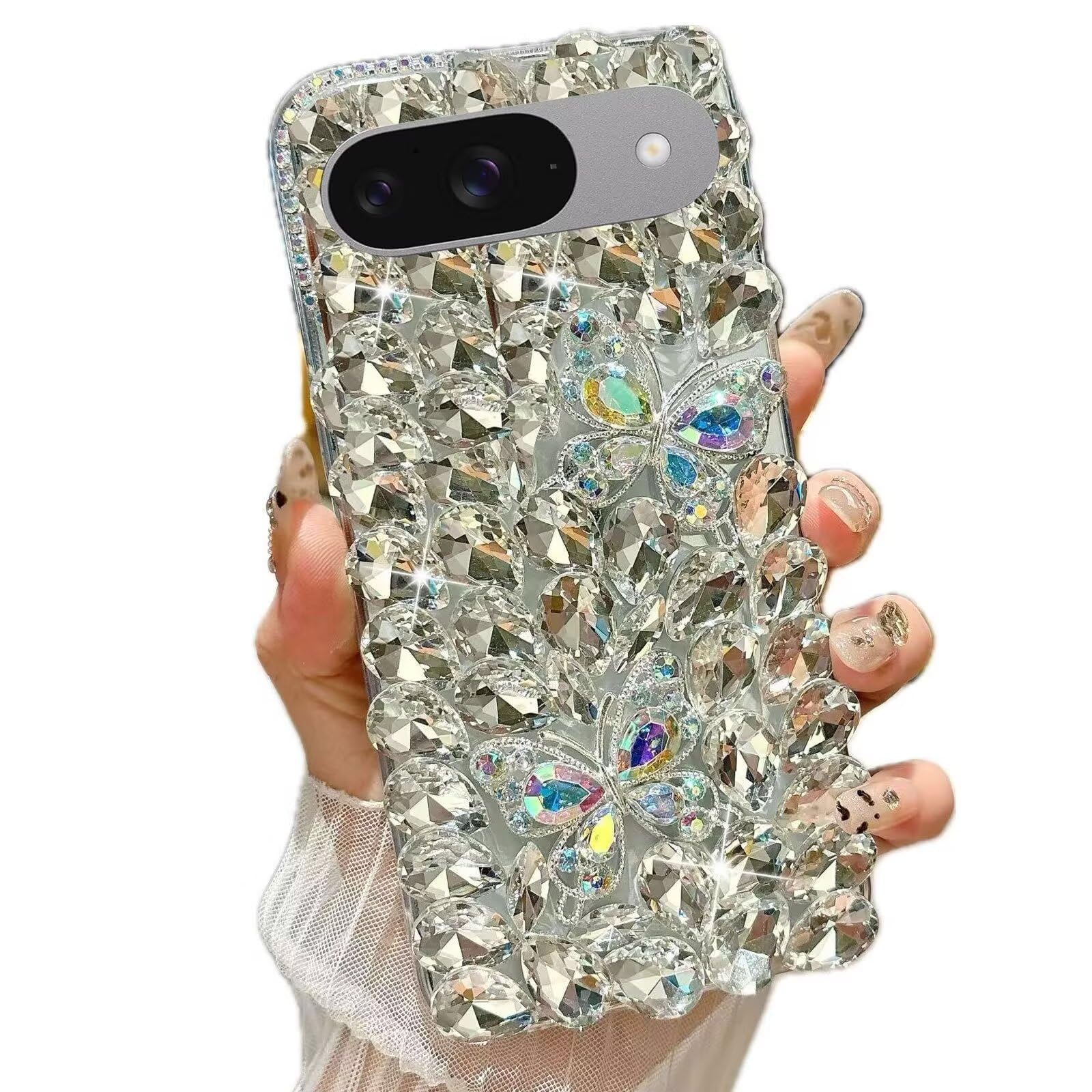 Miagon Bling Diamond Butterfly Phone Cover for Google Pixel 7 Pro,Handmade 3D Luxury Sparkle Crystal Rhinestone Shiny Glitter Full Stones Back Case for Women Girls