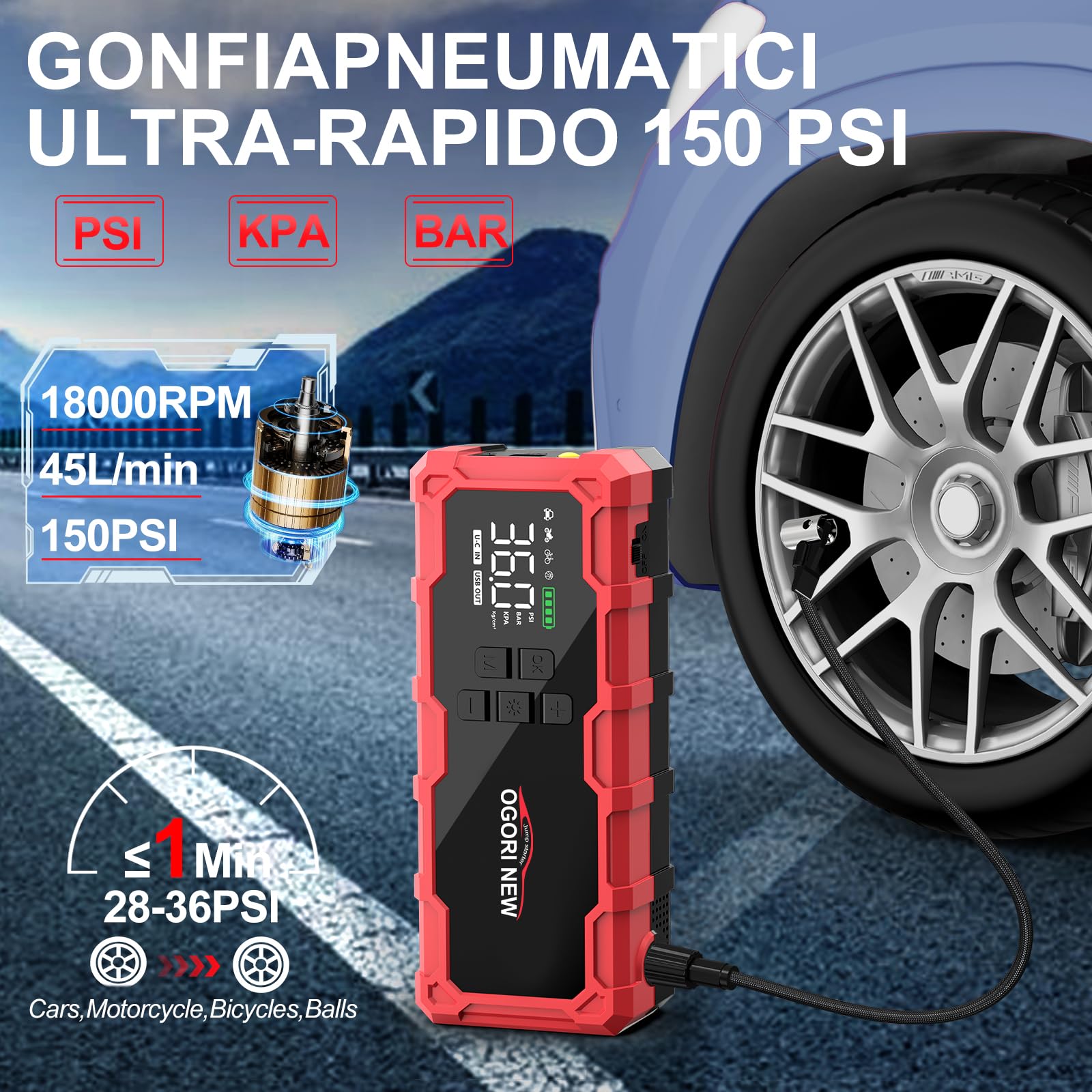 Avviatore Batteria con Compressore 150PSI,7000A Booster Avviamento Auto,Starter Batteria Auto con Torcia, Ricarica USB (8.0L Diesel/10.0L Benzina)