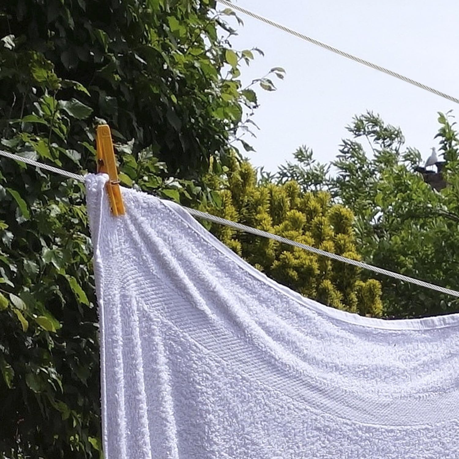 QWORK® Lina druciana 3 mm, zestaw lin stalowych 304, stalowa lina 20 m z napinaczem liny obrotowej M5, do zawieszania świateł zewnętrznych, ogrodzeń, sznurków do bielizny