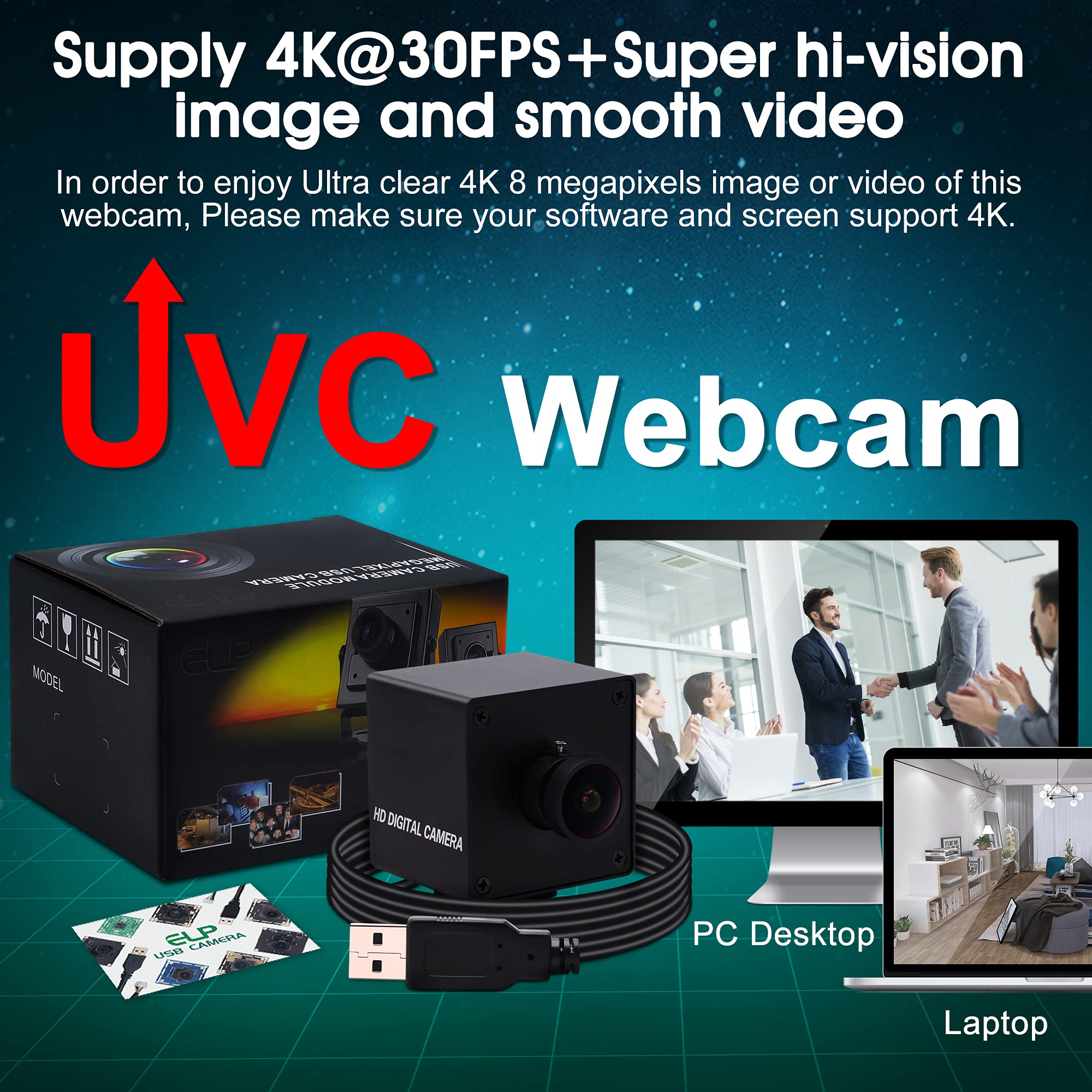 ELP Webcam 4K, Ultra HD, gran angular 30 fps, cámara web para PC, con objetivo de 170 grados, sensor IMX317, mini cámara UVC, cámara web OTG, para Mac/Windows/Linux/Raspberry Pi USB4KHDR01-KL170