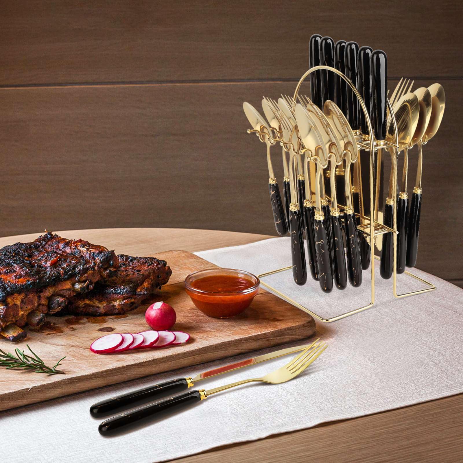 Edelstahl-Gabel-Löffel-Set, hochglanzpoliert, verdicktes Küchengeschirr-Set für Zuhause, Restaurants, Versammlungen, goldfarbenes Edelstahl-Besteck-Set, Geschirr,