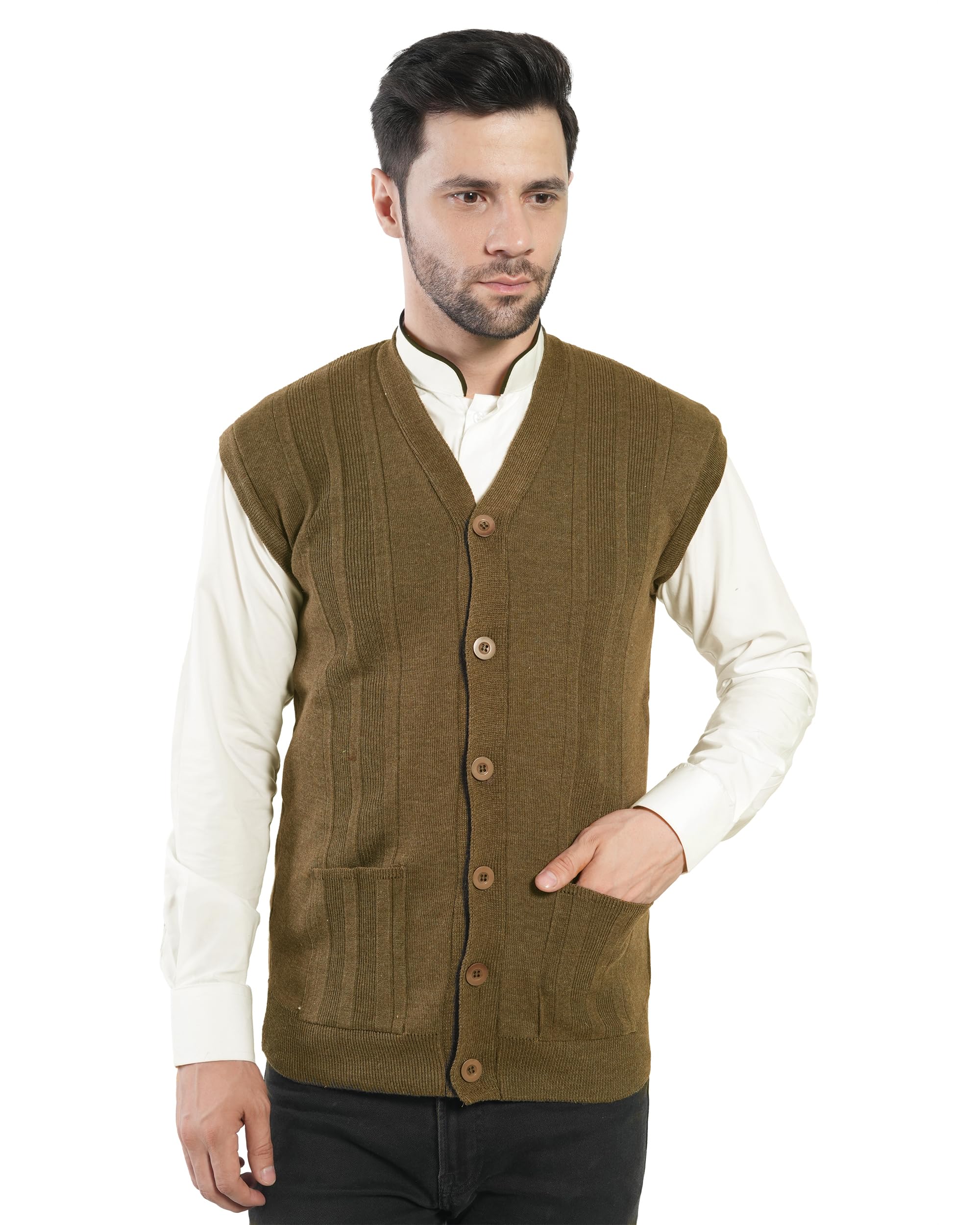 Men's Front Open Buttoned Sleeveless Solid Color Cardigan/Woolen Jacket/Waist Coat/Sweater with Pockets-image-5