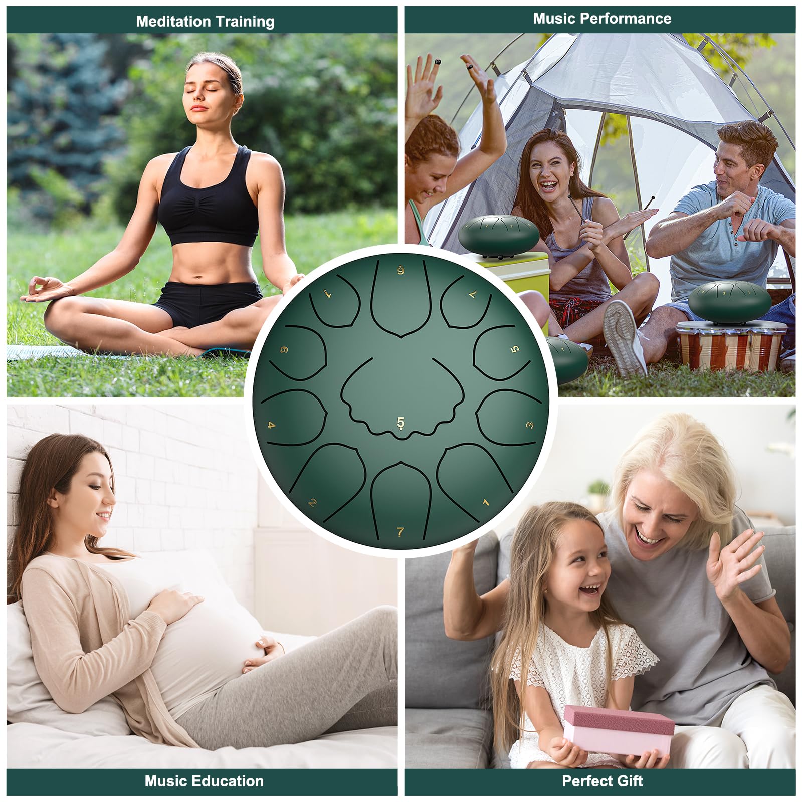 Rain Drum for Outside Garden, 8 Inches 11 Notes Steel Tongue Drum, Waterproof Meditation Rain Chime, Musical Instruments for Adult Gift with Bag, Music Book, Mallets (Green) 7