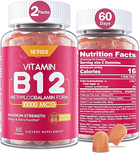 Gomitas de vitamina B12 bajas en azúcar para adultos, 10000 mcg, metilcobalamina b12 con folato B9, vitamina D 1600 UI, apoya la producción de