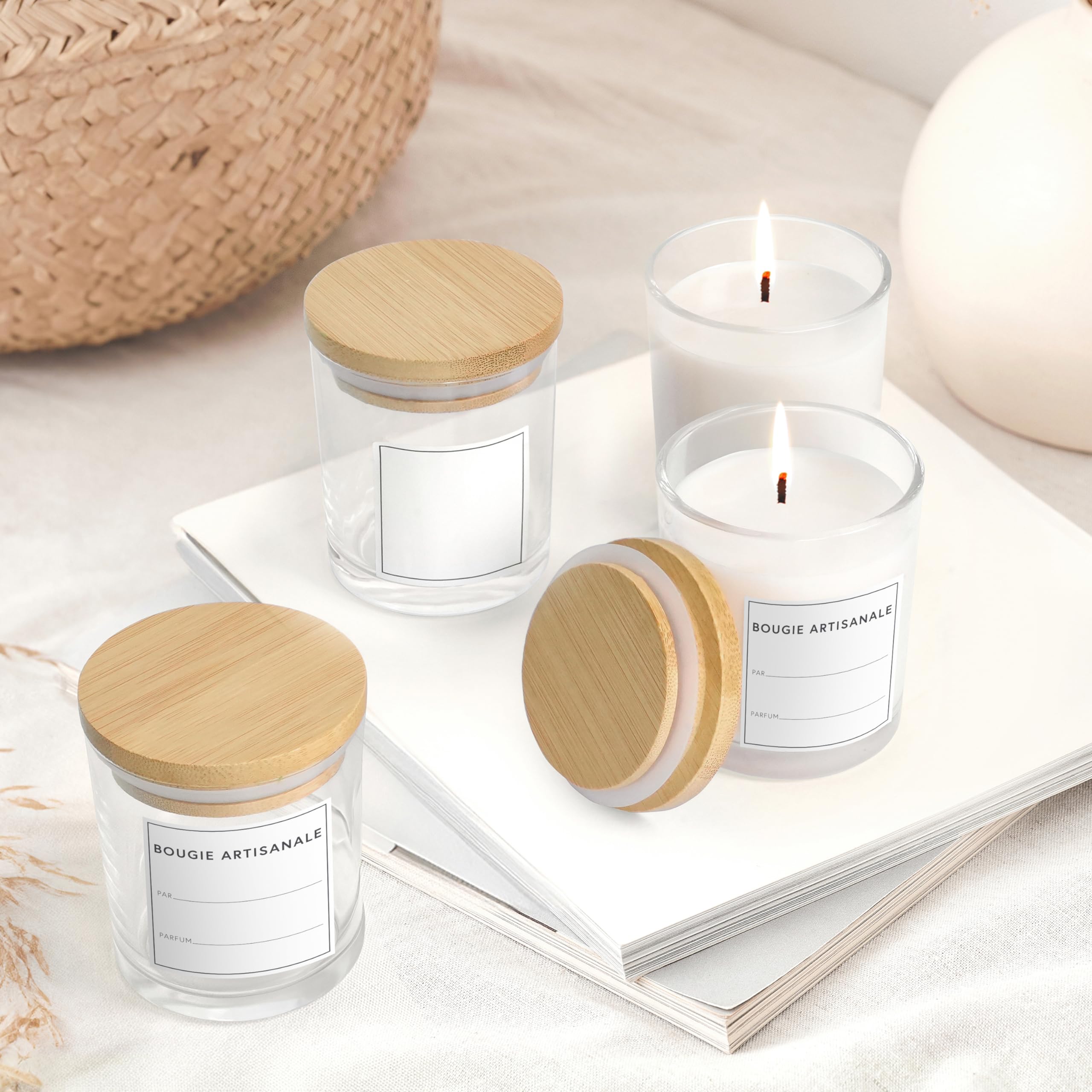 Winter Shore Petit Pot en Verre 170 ML avec Couvercles [Lot de 15] - Contenant Bougie Transparent - 15 Étiquettes Autocollantes, 15 Étiquettes Vierges & 1 Stylo Noir Inclus