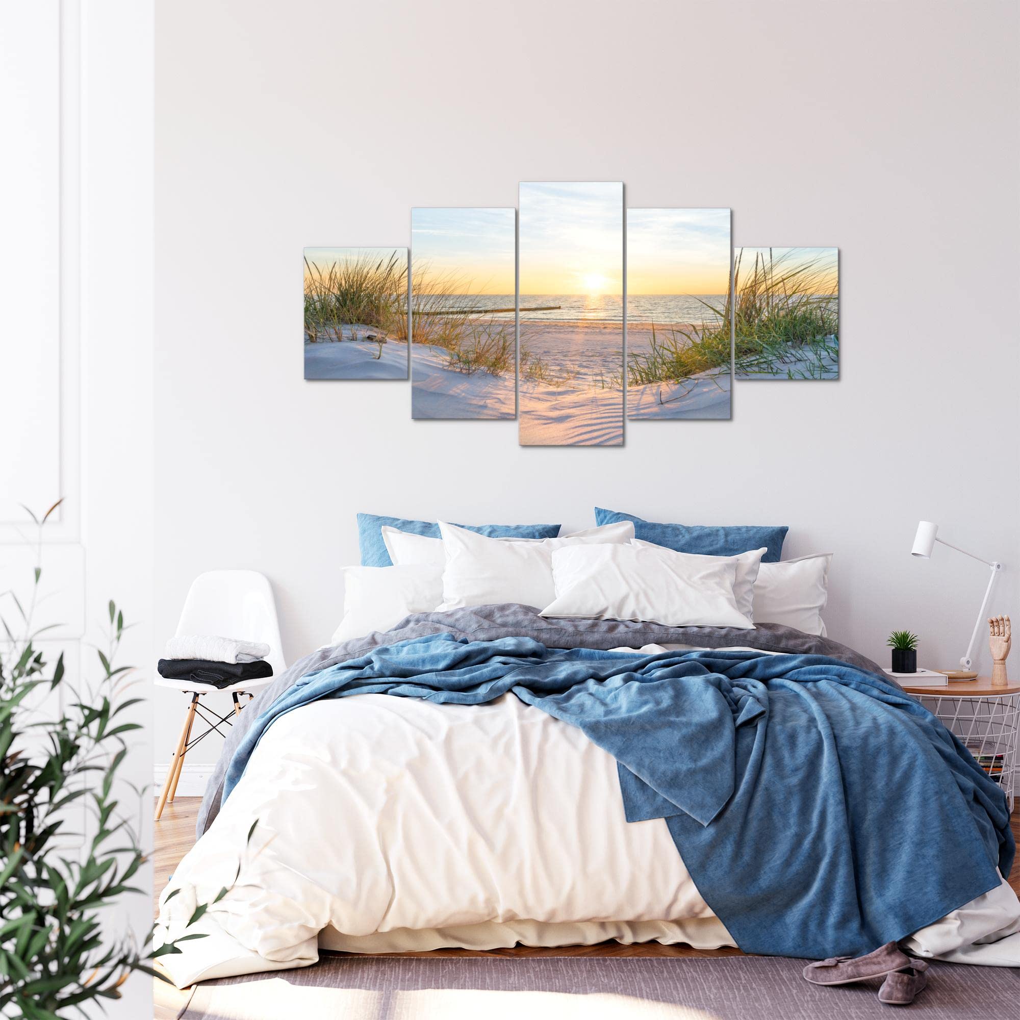 Runa Art - Quadri Spiaggia Tramonto 200 x 100 cm 5 Pezzi XXL Decorazione Murale Design Beige blu 041751a