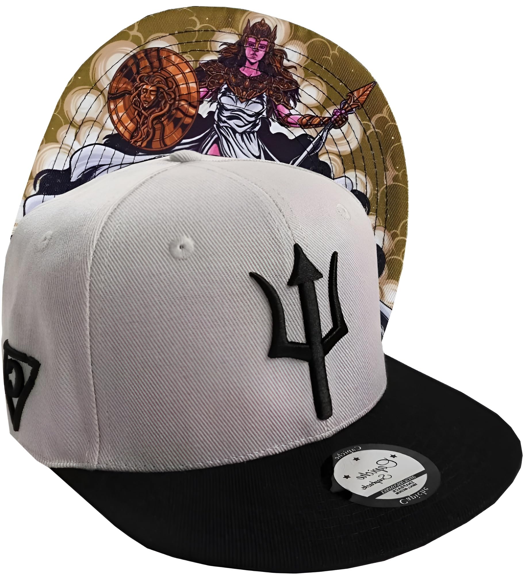Capiche [99+ Variations] Gray Snapback Hat for Men, Athena, Greek God, Ancient Mythology Baseball Cap, Gray & Black, Black Trident Front Logo, Flat Brim Hats Goddess, Shield