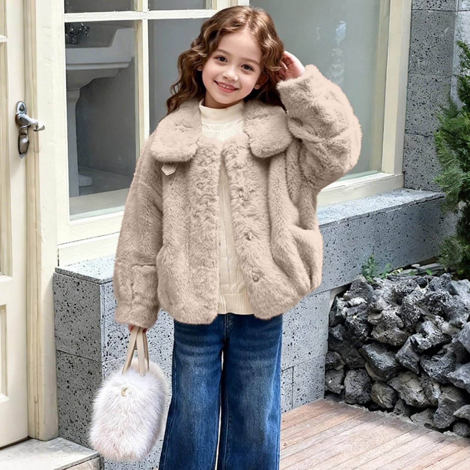 Chaqueta de lana con cuello vuelto para niñas, abrigo grueso con botones para invierno, cálido, térmico, mullido, sherpa, resistente al viento, para la escuela, al aire libre, casual, para