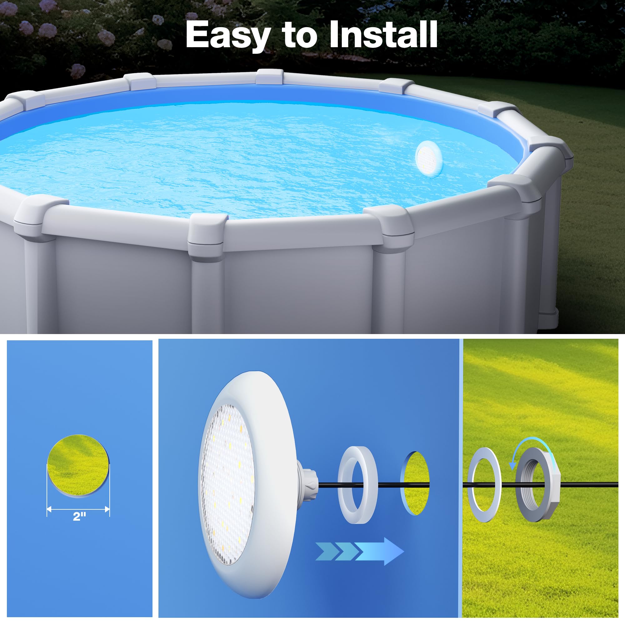 LyLmLe Proiettore Piscina LED con Filettatura Esterna 2", 18W Lampade Piscina 2 Colori Selezionabili Bianco 3000K & 6000K, Ø242mm, 12V AC Luce Sommergibile per Piscinas Fuori Terra Acciaio