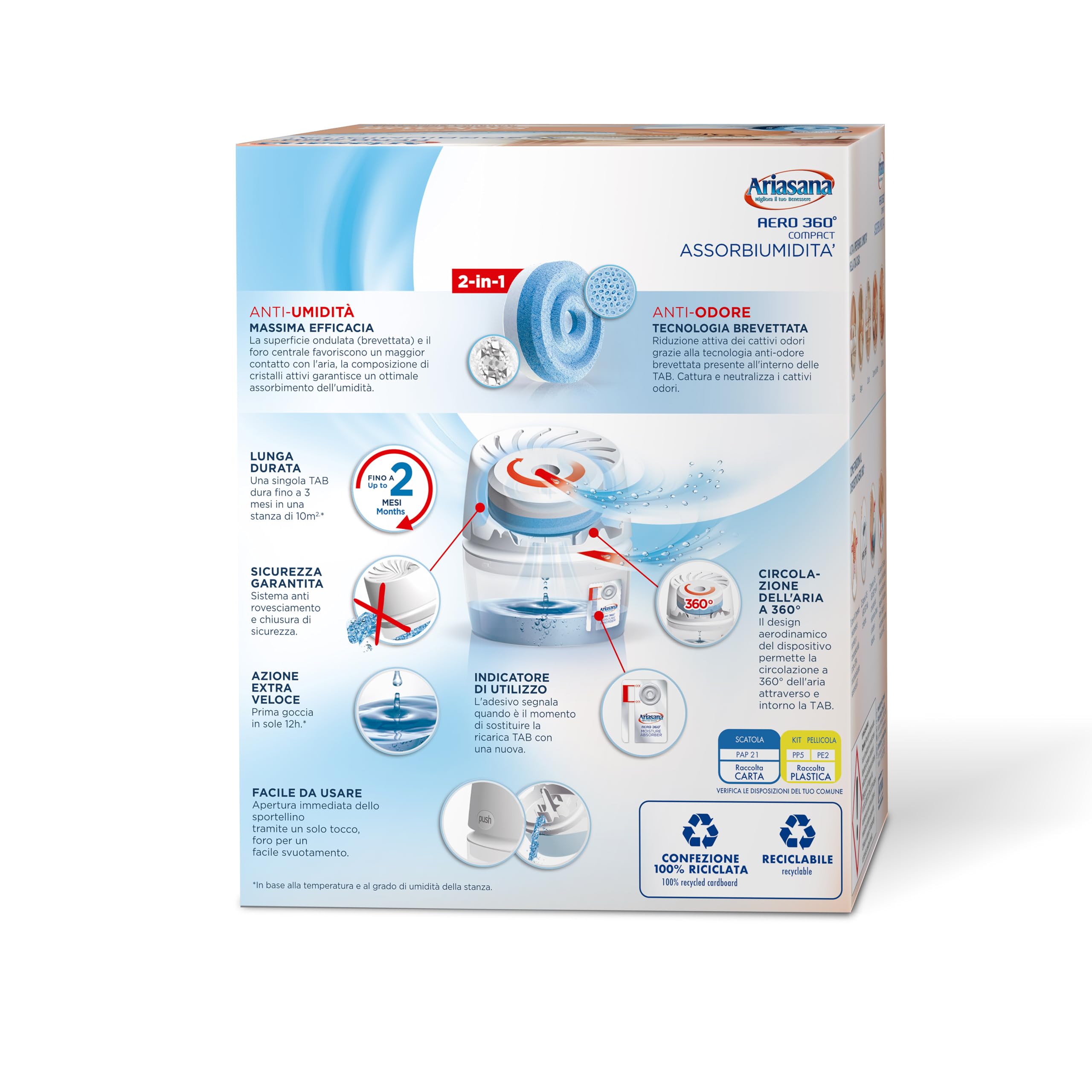 Ariasana Assorbiumidità Aero 360° Compact Pesca Colour Collection, 1 Deumidificatore e 1 Tab di ricarica 450g, Assorbiumidità per la circolazione dell'aria, Deumidificatore casa contro l'umidità