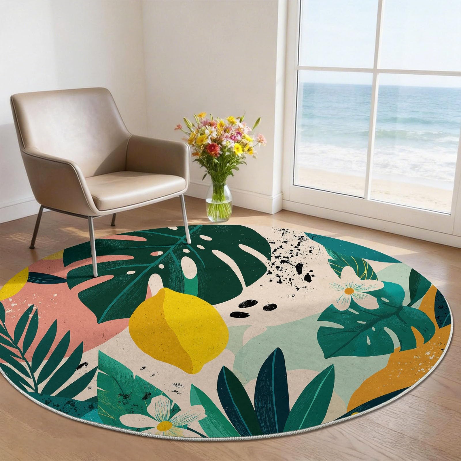 Tapis rond 90 cm antidérapant et lavable motif citron monstera