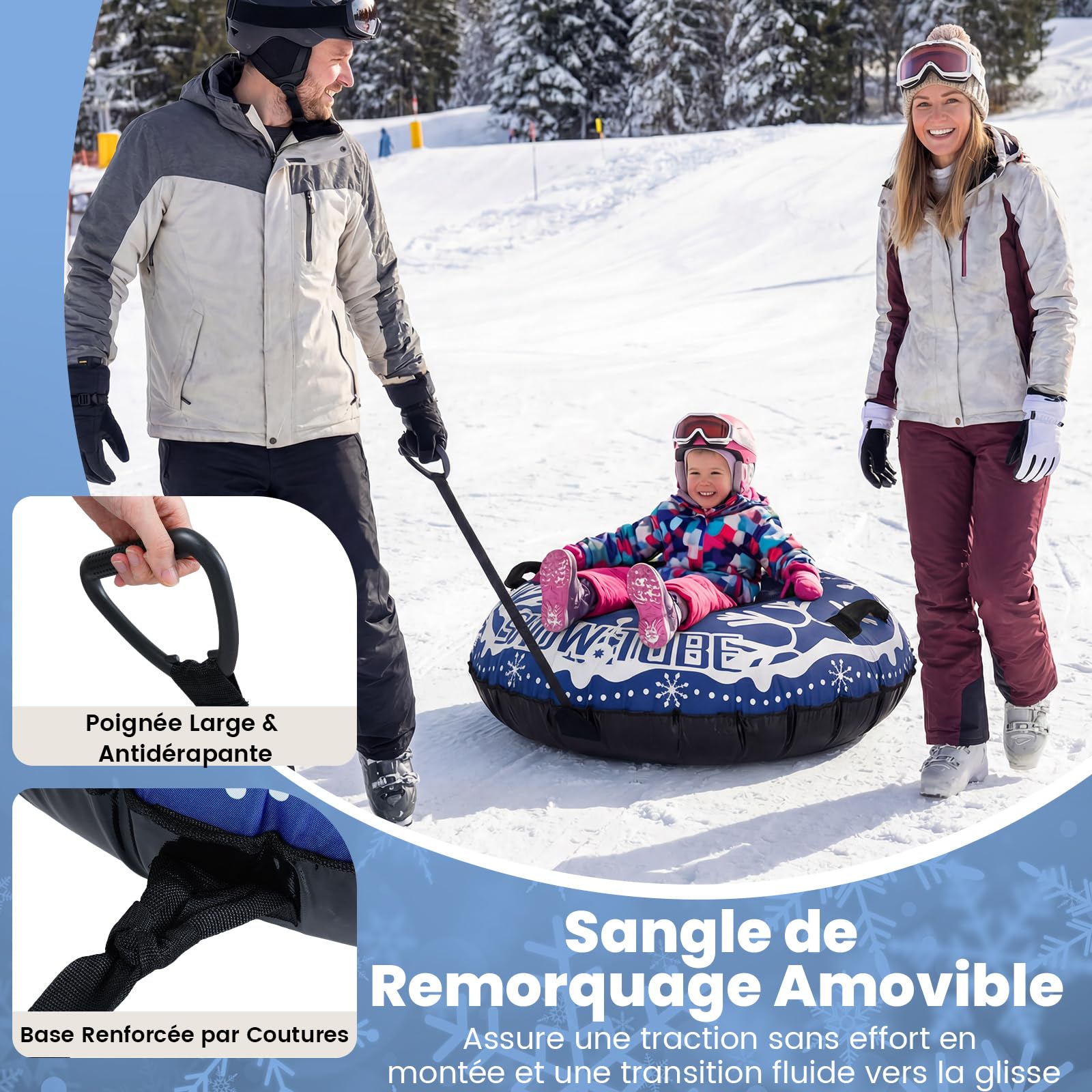 COSTWAY Luge Bouée Gonflable de 107 cm, Traîneau à Neige Robuste avec Sangle de Remorquage Amovible Fond Épaissi Valve 3 en 1 Poignées, Jouets Amusants d'hiver pour Enfants Adultes