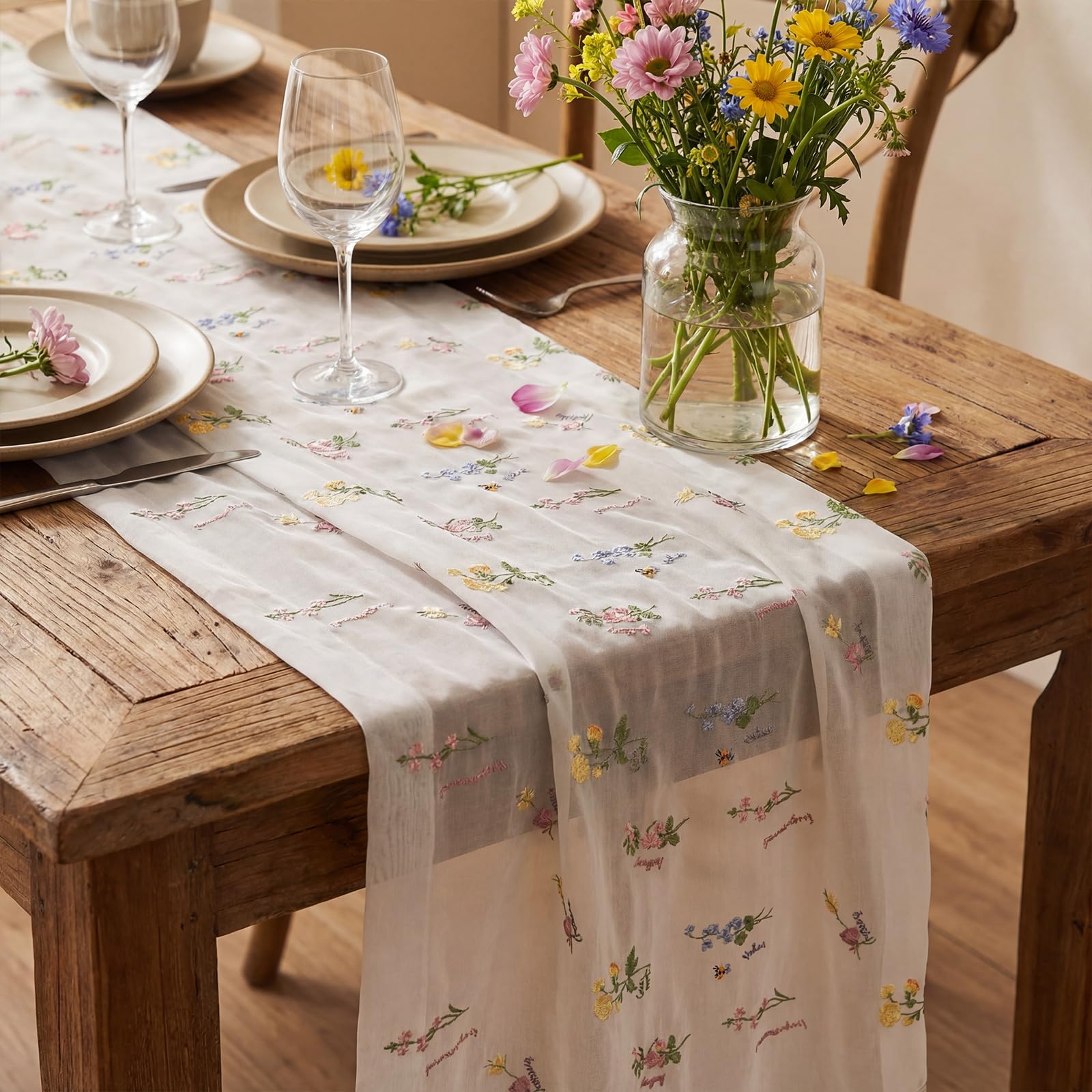 Embroidered Floral Tulle Table Runner 9.8 ft