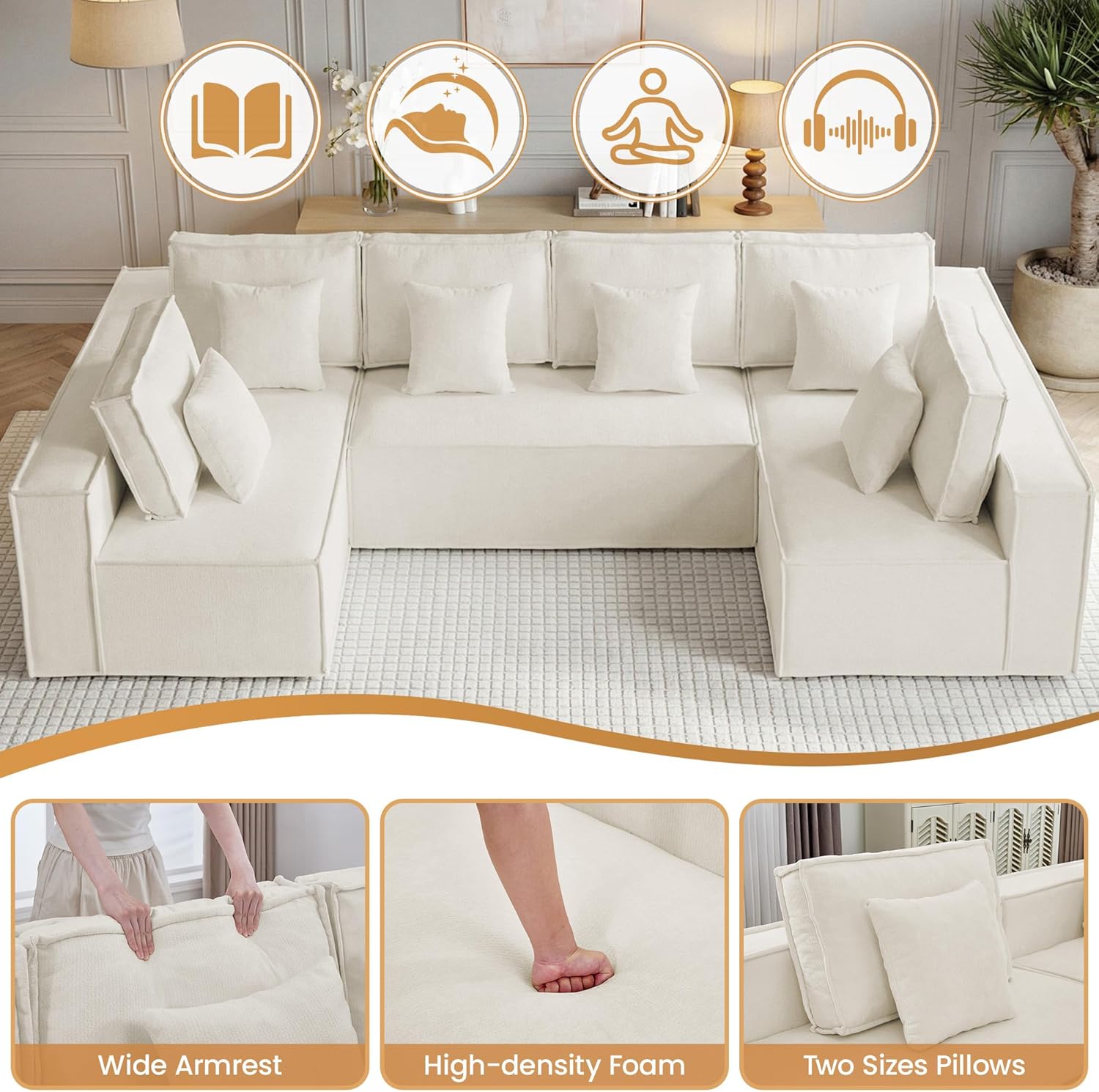 WUTUTUEE 138'' Boneless Chenille Cloud Sectional Sofa, Oversized 6-Seater U-Shaped Modular Couch with Chaise, Extra Deep Seat Sleeper Sofa, No Assembly Compressed Sofa, Beige