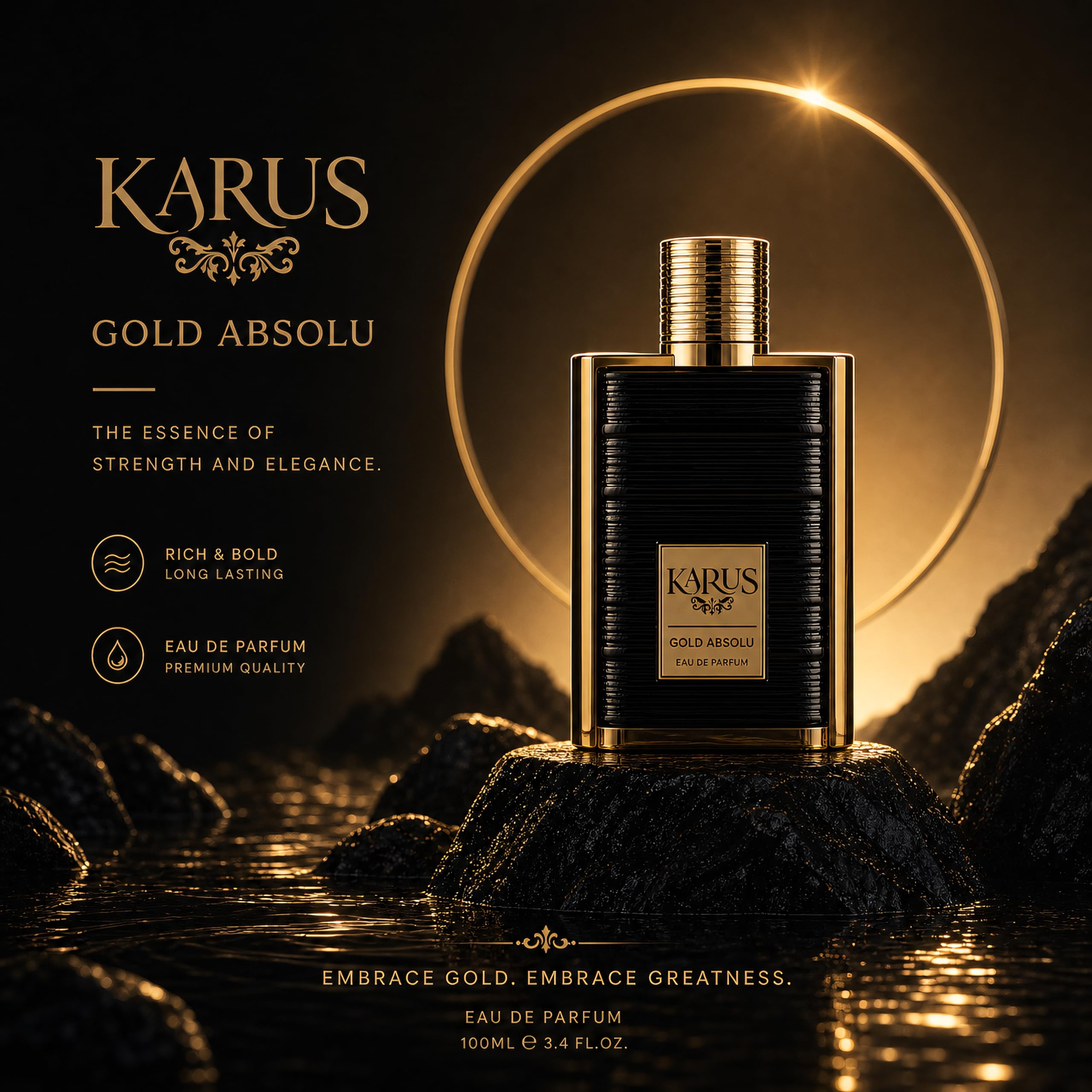 Khadlaj Karus Gold Absolu 100 ml Eau de Parfum Spray Unisex | Bergamotte & Schwarze Johannisbeere, Herz von Veilchen und Jasmin, Zedern- und Tonka-Grundierung, blumig, fruchtig, holzig