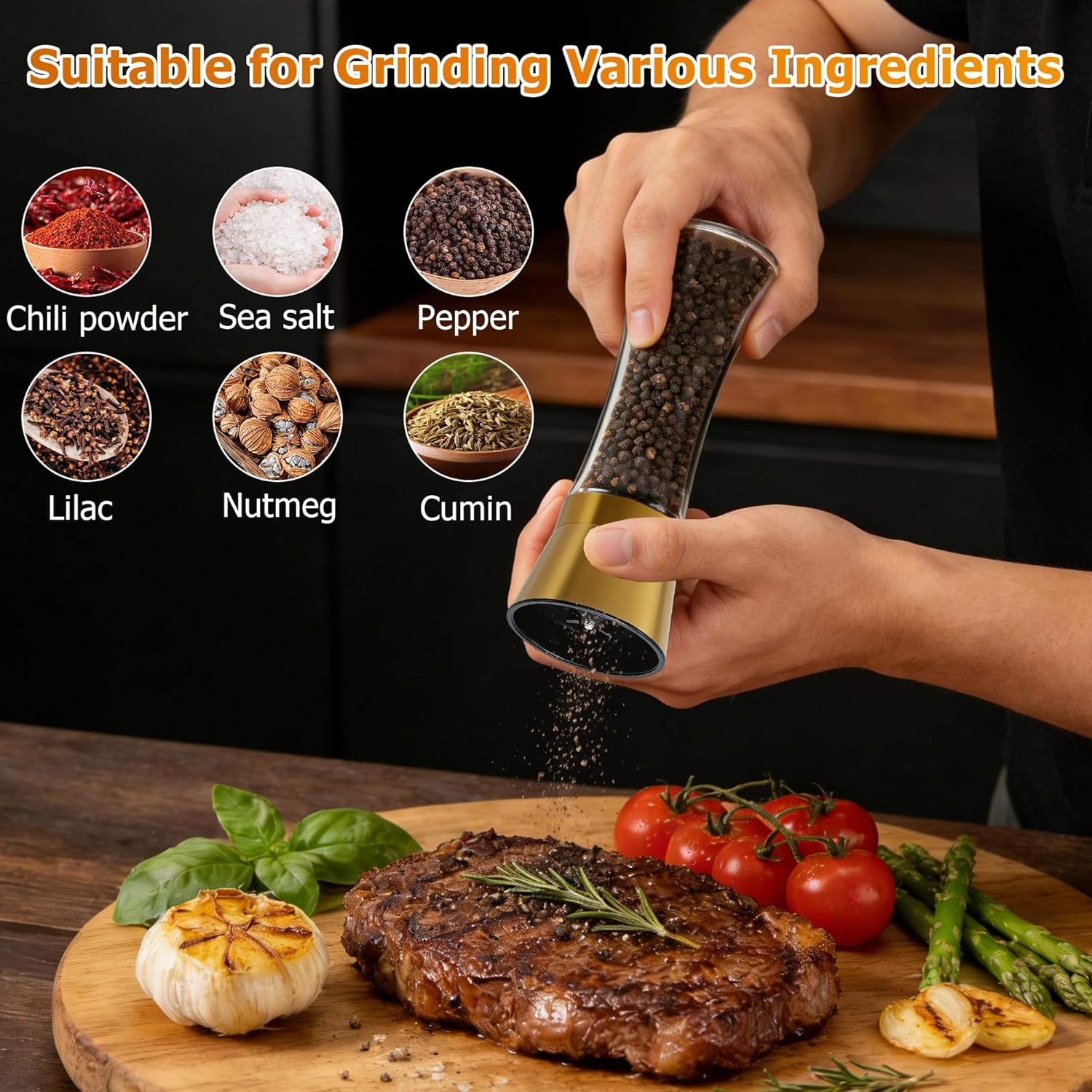 R DRURLCD Manual Adjustable Gold Salt and Pepper Grinder Set of 2 - Stainless Steel and Glass Mills with Ceramic Grinder,6oz Capacity W/Funnel for Kitchen