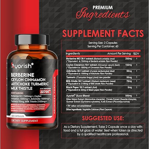 Miniatura 4 de Ayorish Suplemento de berberina equivalente a 7500 mg - Alta potencia con canela de Ceilán 1500 mg, alcachofa 1500 mg, cúrcuma 50 mg, cardo mariano