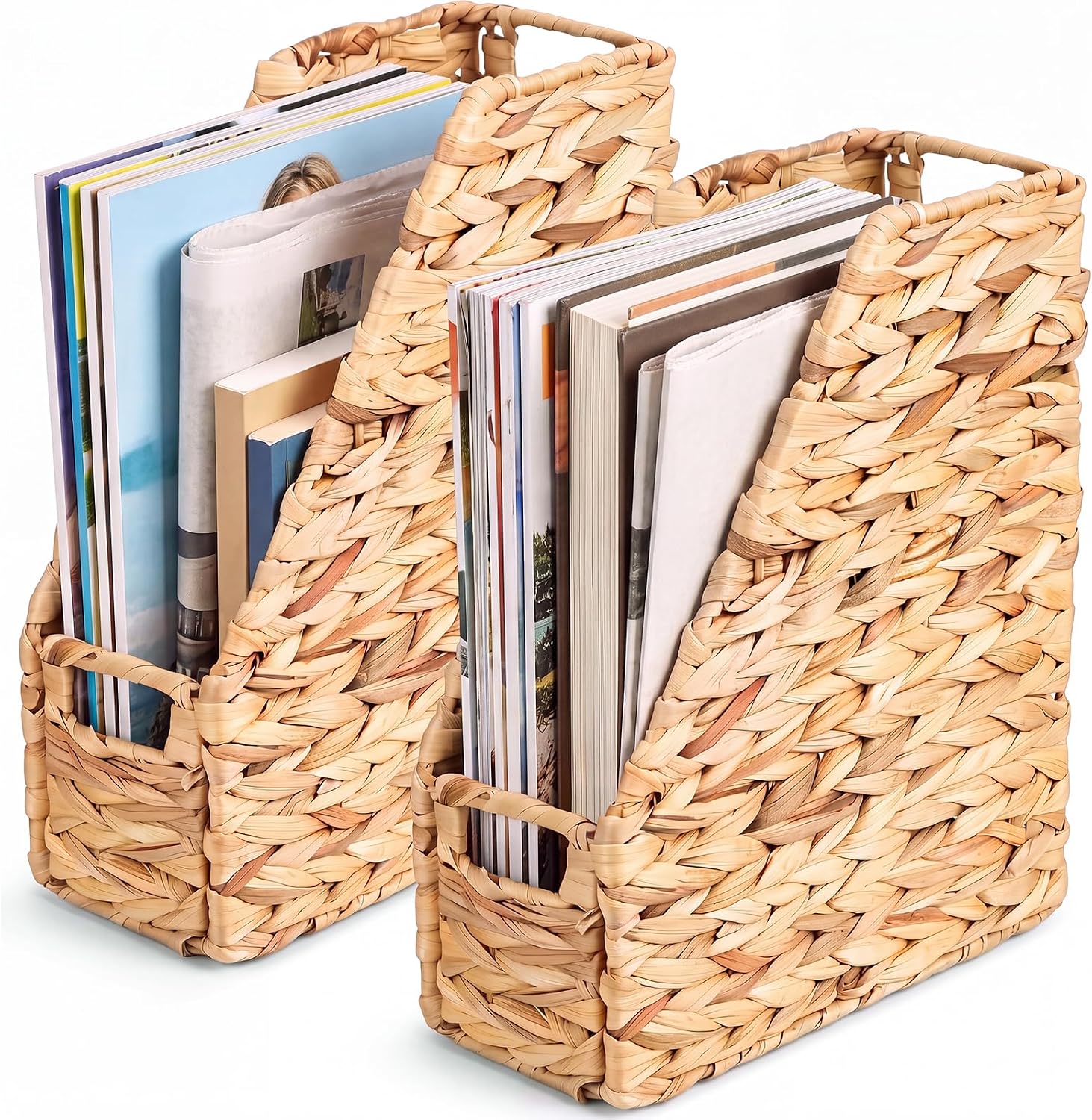 2 Pcs Handwoven Magazine File Holder 11.8'' Foldable Magazine Wicker Basket with Handle Water Hyacinth Collapsible Book Rack Storage Desk Organizer for Newspaper Boho Home Office Decor
