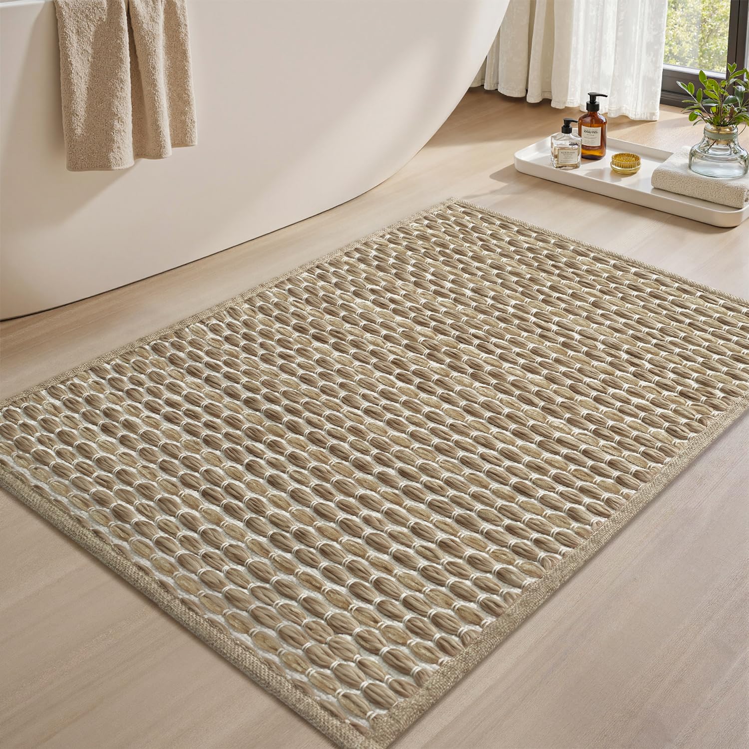 AMOAMI Unique Woven Bath Mat Super Absorbent Non Slip Bath Mats for Bathroom Floor Textured Bathroom Mat Quick
