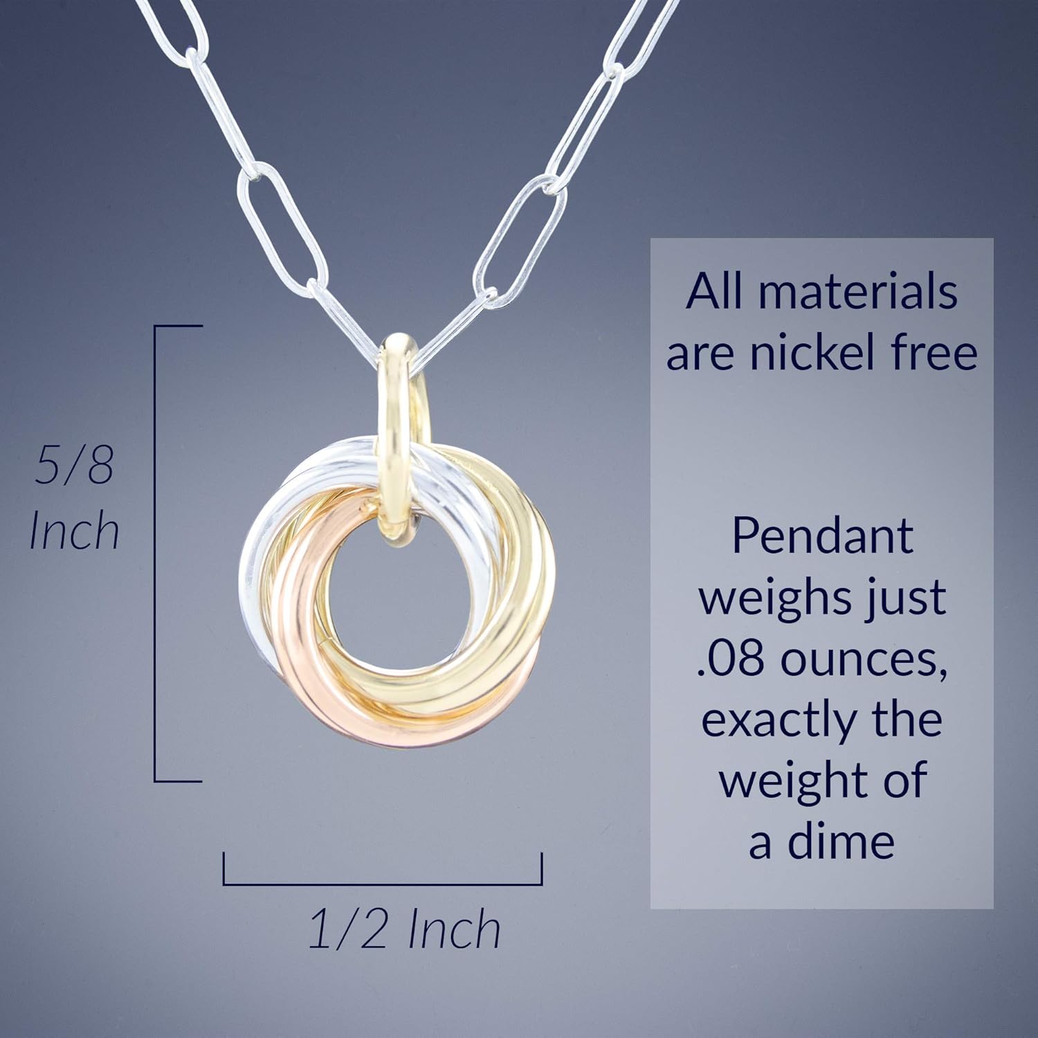 Dainty Tri-Color Love Knot Pendant Necklace for Women | 925 Sterling Silver with 14K Yellow and Rose Gold-Filled Rings | Minimalist Everyday Jewelry Gift | 20" Chain - Image 3