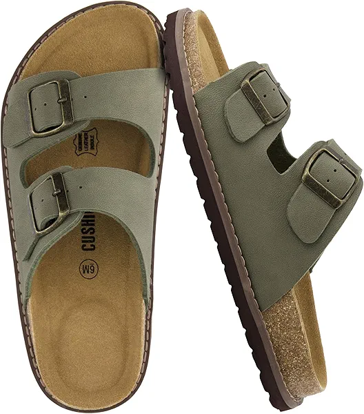 CUSHIONAIRE Plano Slip-On Sandals for Women 2025 with Arch Support, Adjustable Buckle Straps, and Stitched Outsole – Casual Flat Summer Womens Sandals, OLIVE 11W