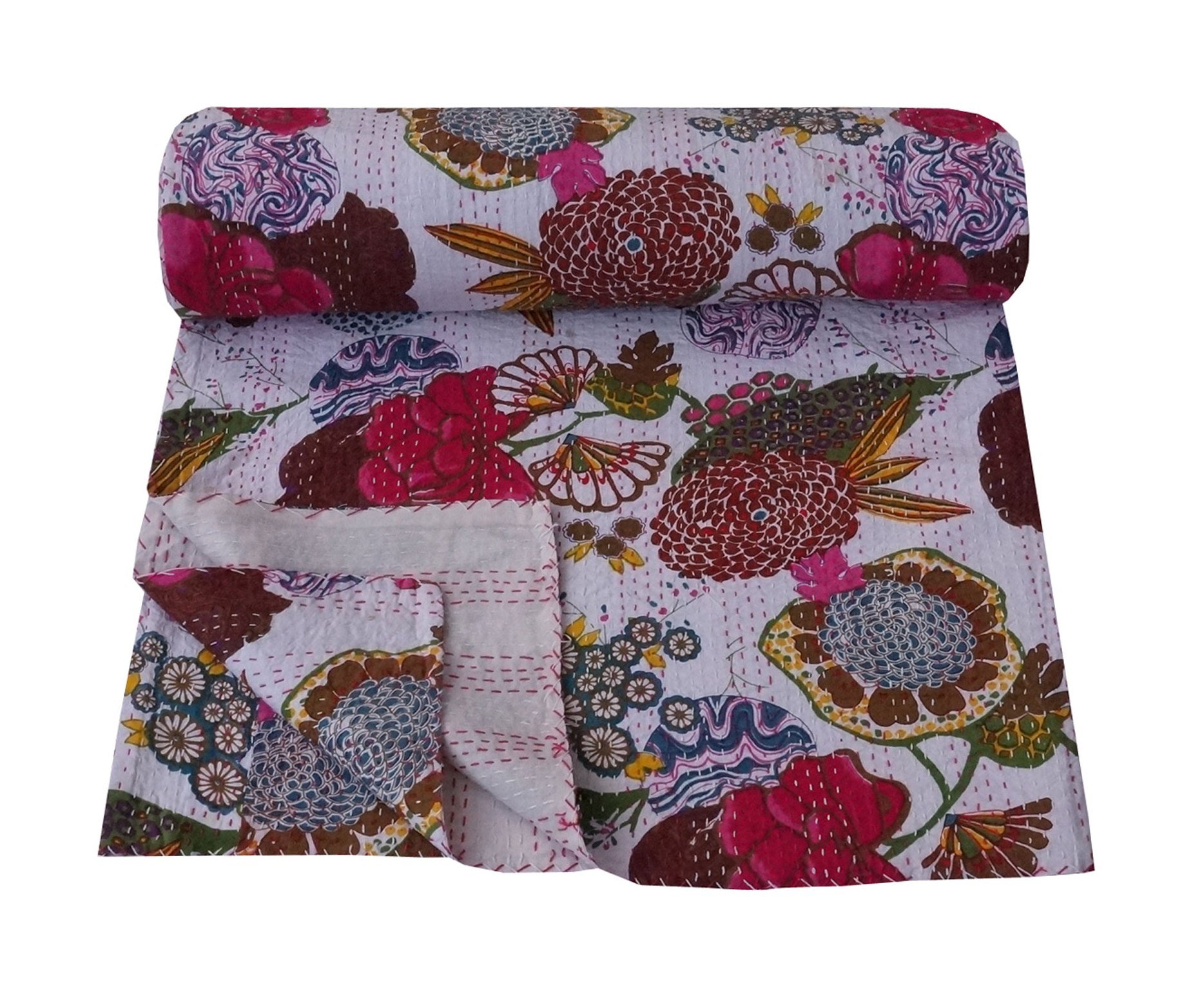 My Craft Palace White Traditional Home Decor Kantha Quilt Fruit Design Cotton Topical Kantha Bed-cover