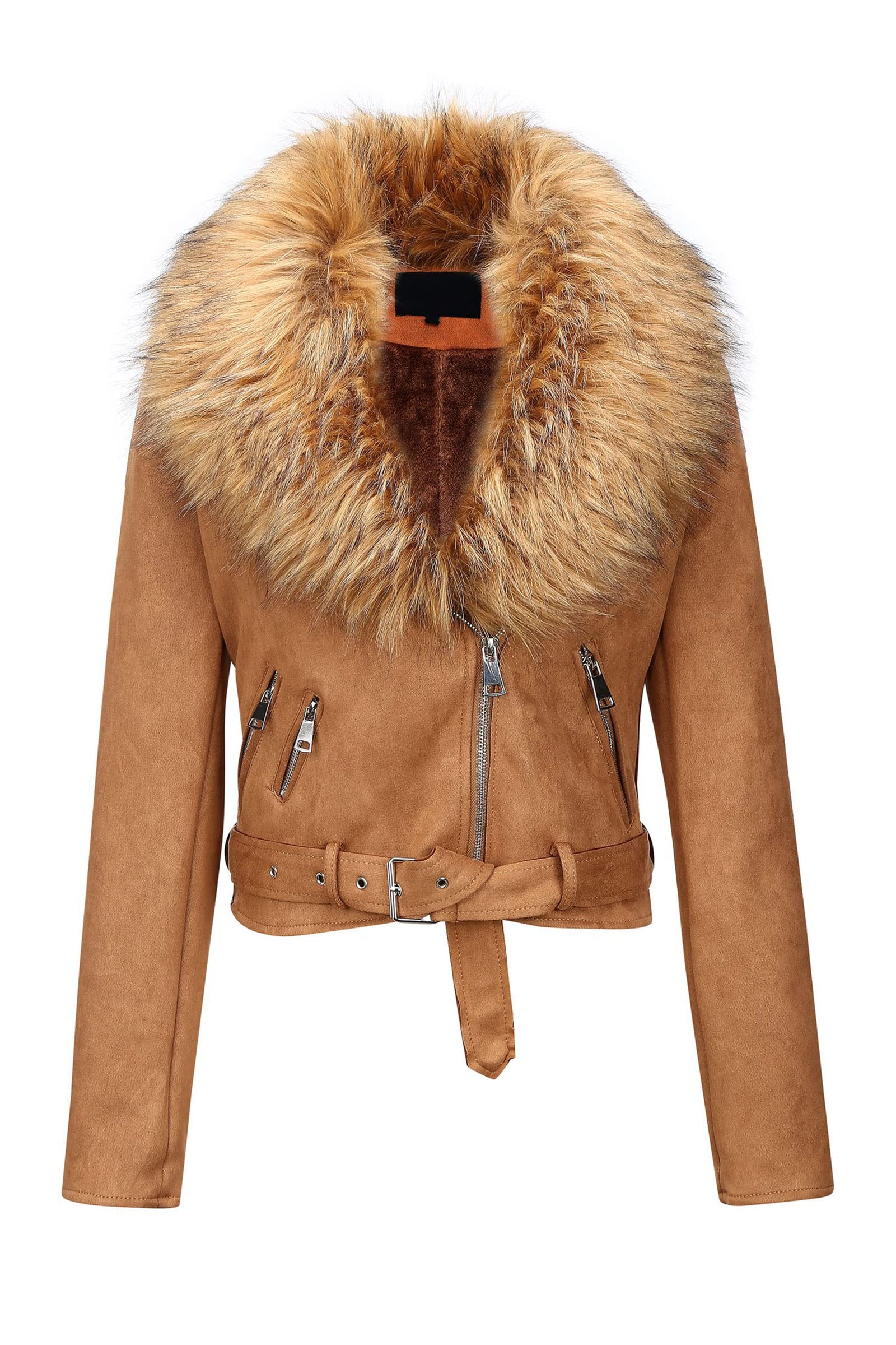 Bellivera Women Faux Leather Suede Jacket Moto Biker Coat Sherpa-Lined Overcoat with Removable Belt