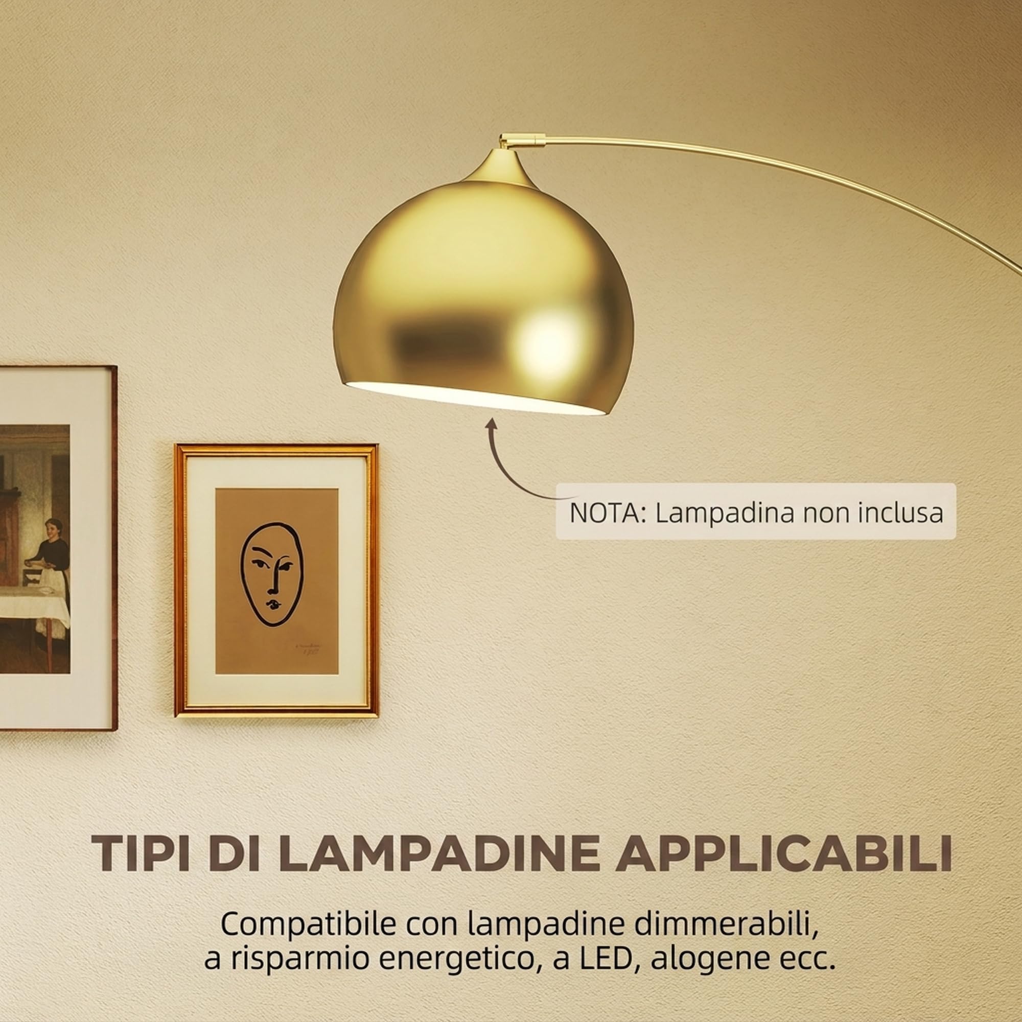 HOMCOM Lampada da Terra ad Arco Moderna Asta Regolabile in Altezza, Oro