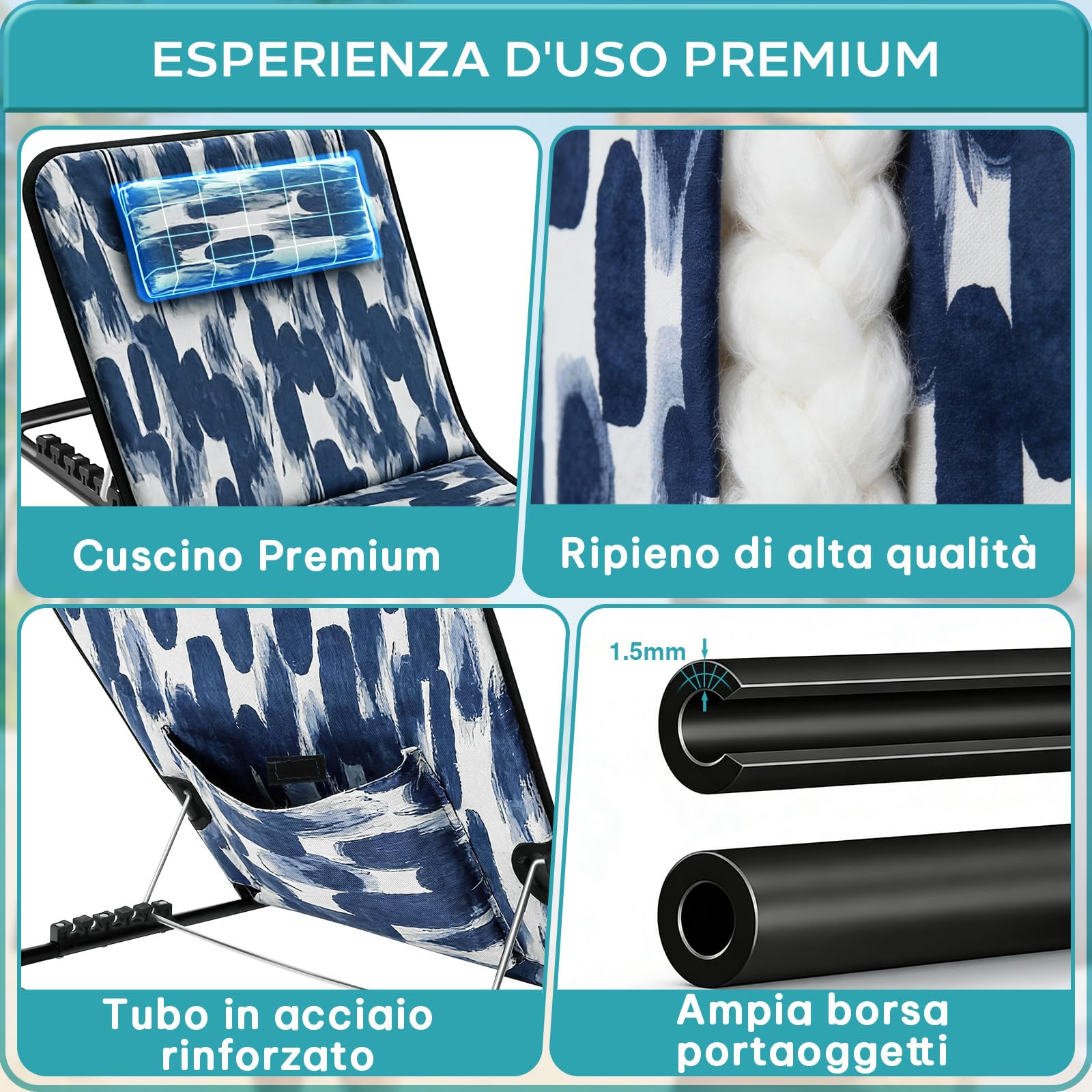 Tappetino da Spiaggia Pieghevole, Lettino da Spiaggia Pieghevole con Poggiatesta, Schienale Reclinabile e Tasca Portaoggetti, Portata 150 kg per Spiaggia Viaggi Giardino Campeggio (Blu)