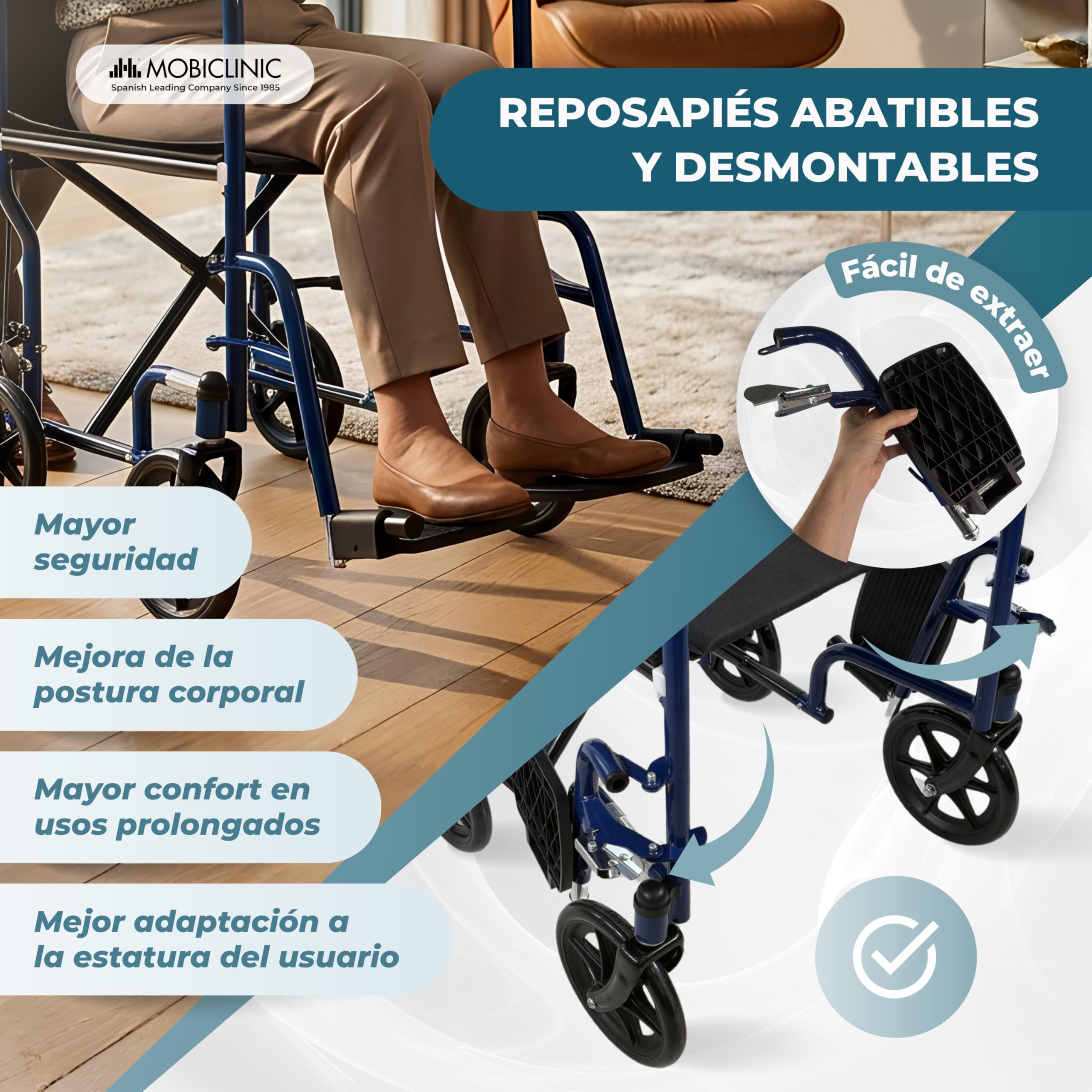 Mobiclinic®, Silla de Ruedas Plegable, de Tránsito, Respaldo Abatible, Reposapiés Extraíbles, Doble Sistema de Frenado, Reposabrazos Acolchados, Acero, Ligera y Compacta, Napoli
