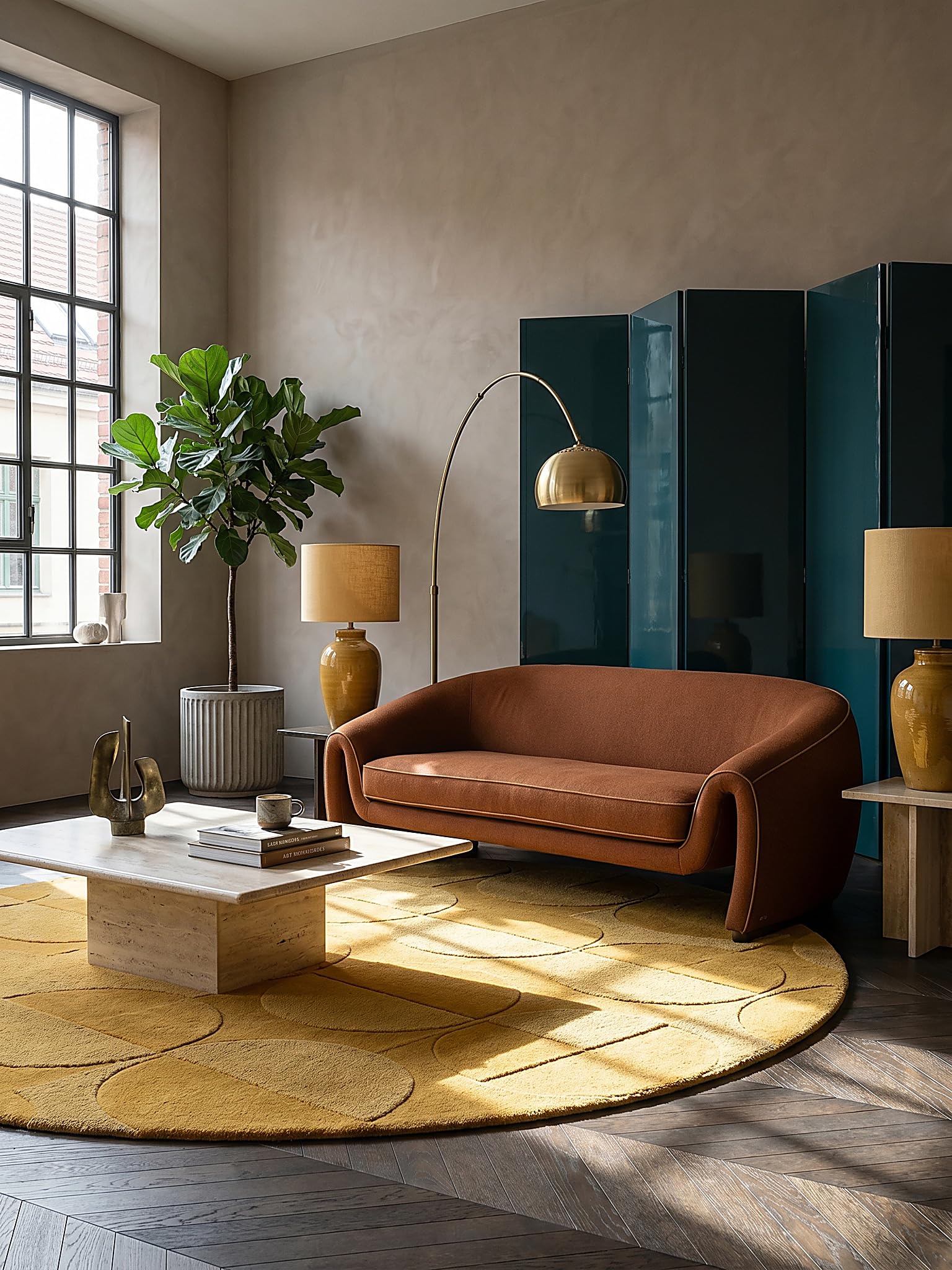 Tapis en Laine Motif Géométrique Dense et Robuste Jaune Moutarde Ø 160 cm Rond Salle à Manger | DEBEN