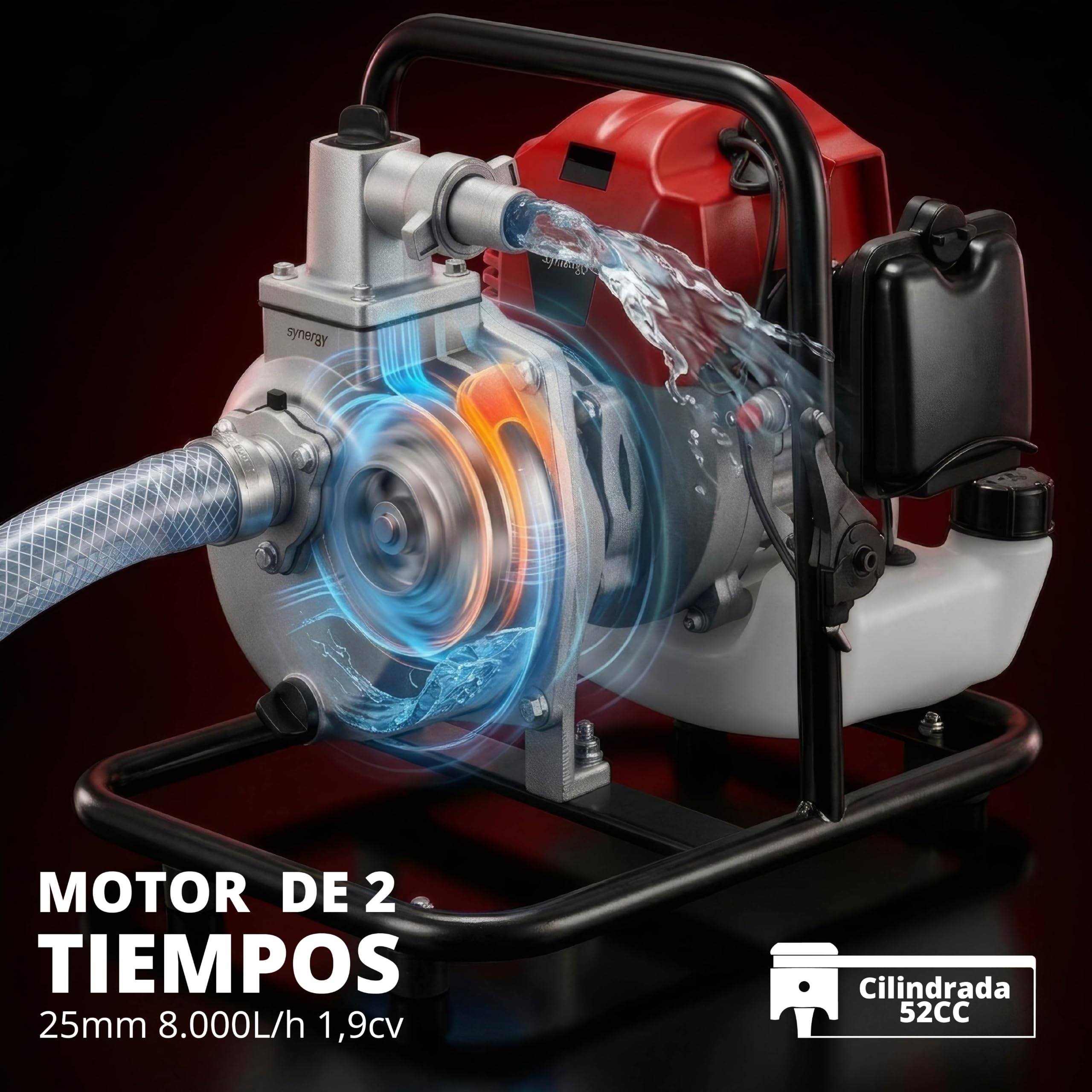 Synergy Motobomba de Gasolina Profesional 2T – Motor 52cc 1,95CV – Caudal 7.000L/h, Altura 24m, Succión 7m, Paso 25mm – Ligera, Compacta y Resistente – Ideal para Riego y Drenaje