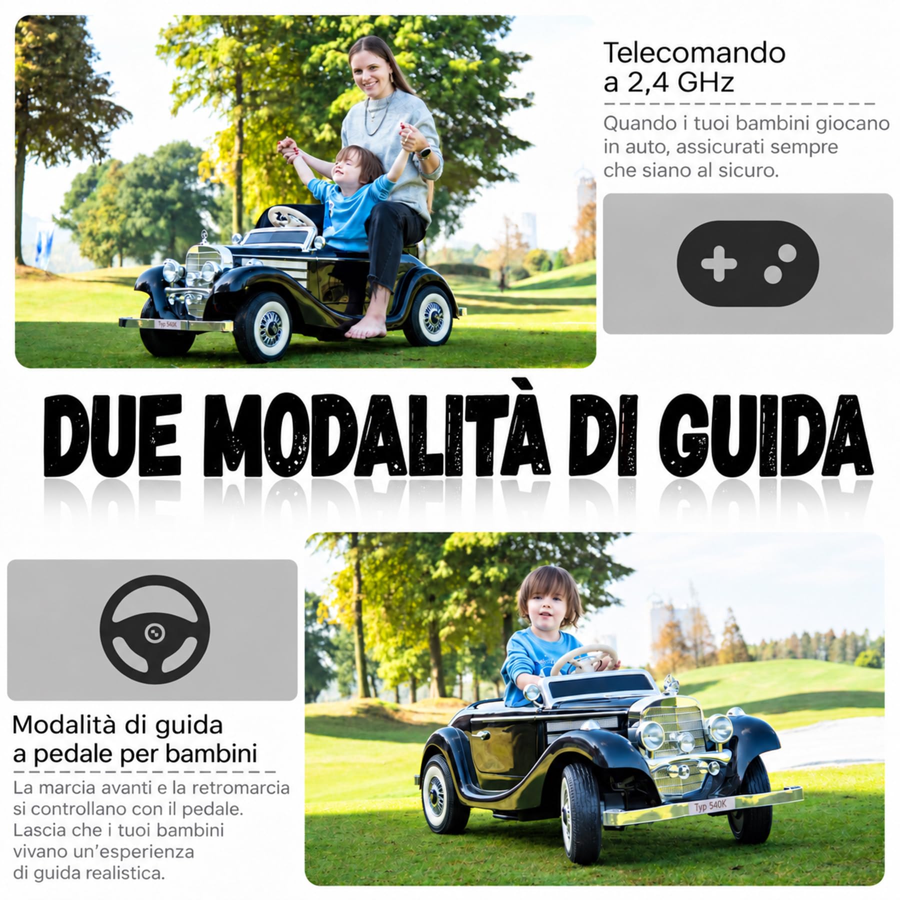 Auto elettrica per bambini, 12 V, con telecomando, luce LED e musica, colore nero