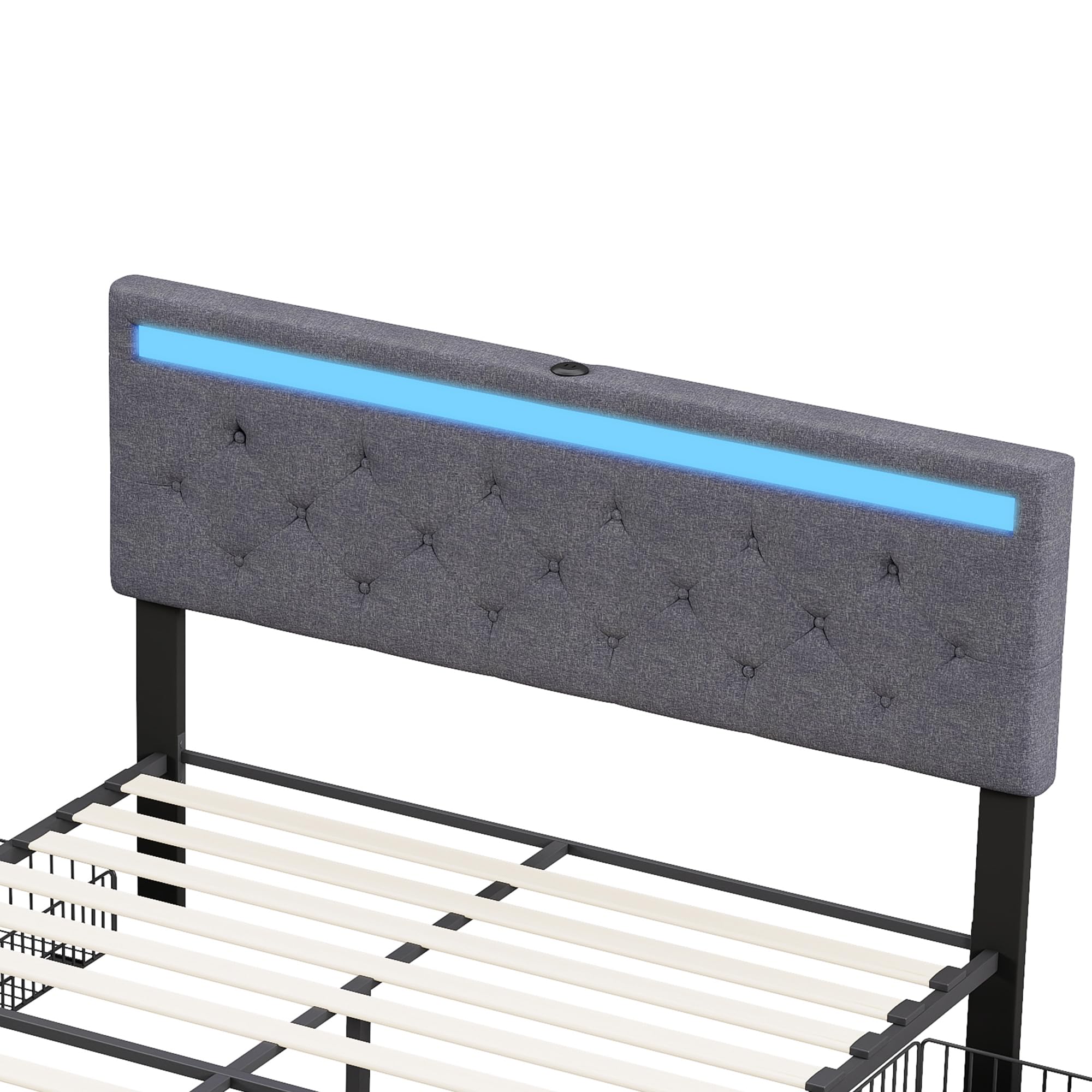 Lit Double 180x200 cm avec Sommier et 4 Tiroirs de Rangement, Lit Rembourré en Lin avec Tête de Lit à LED et Station de Charge USB/Type-C,Cadre de Lit Moderne Design Gris pour Adulte et Chambre d'amis
