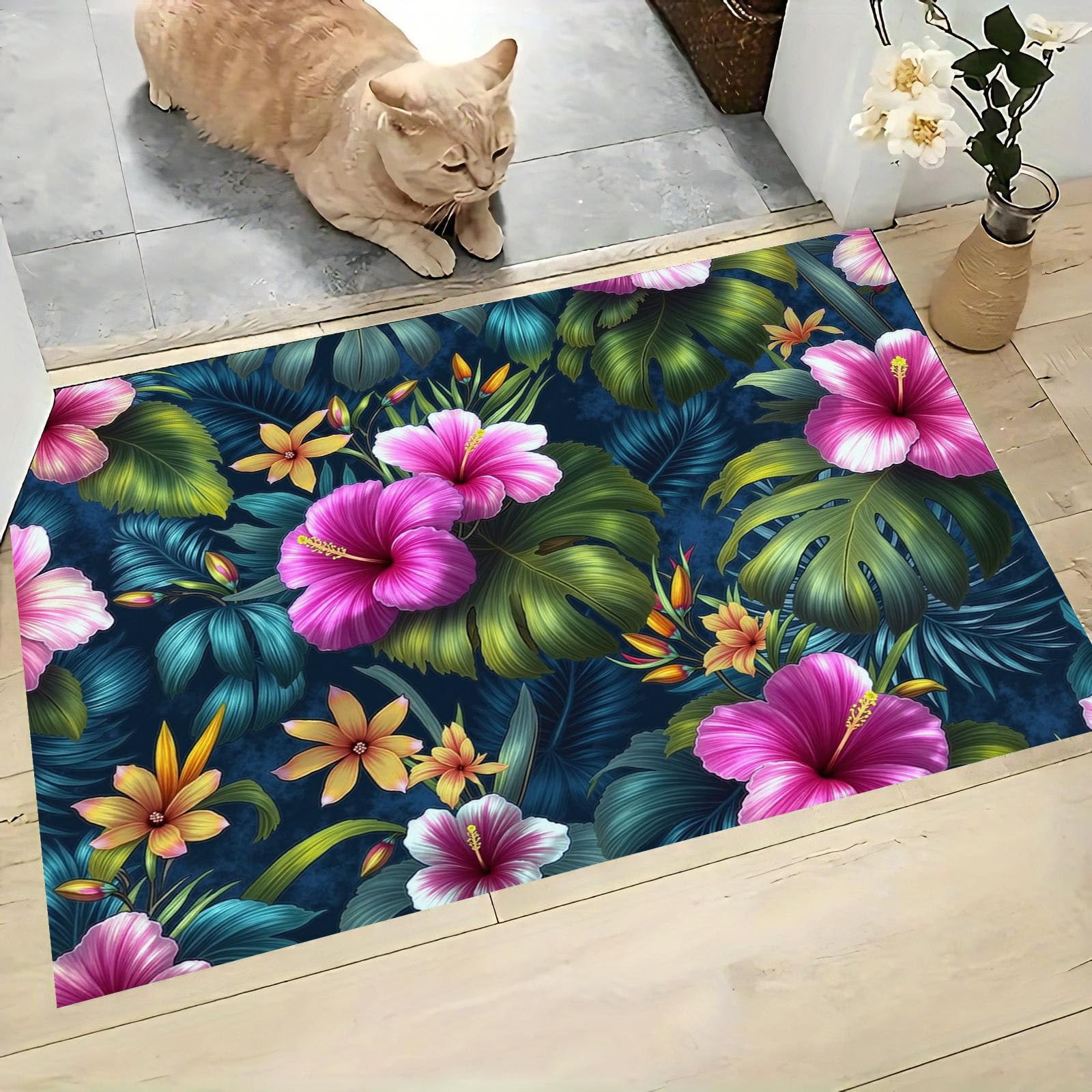 Paillasson de intérieur Antidérapant, Tapis de Tropical Charme, Tapis Salle de Bain Flanelle Douce, Absorbant l'eau, pour Cuisine (Hibiscus Plante À Feuilles, 80x120cm