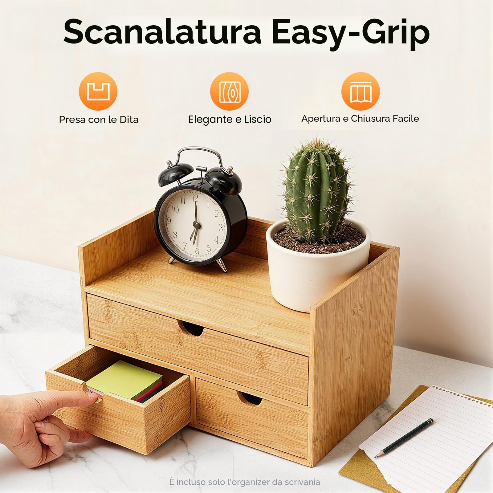 Organizer da scrivania in bambù con 3 cassetti, organizer per cassetti, ufficio, cassettiera naturale, 30 x 19 x 20 cm