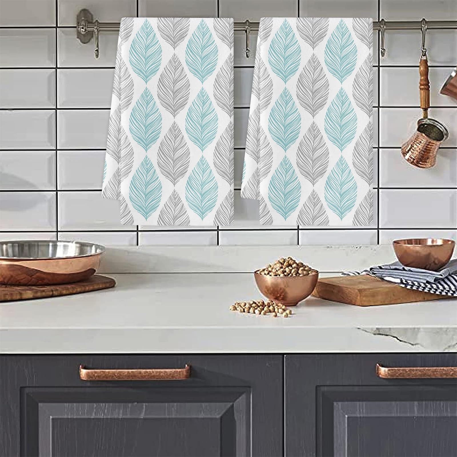 Trapos Cocina Hojas Azules Y Grises Paños de Cocina Suaves y Absorbentes Paños Cocina Reutilizables Trapos de Cocina para Secar Toallas Lavable Toallas de Barra 2 Piezas (44x74 cm)