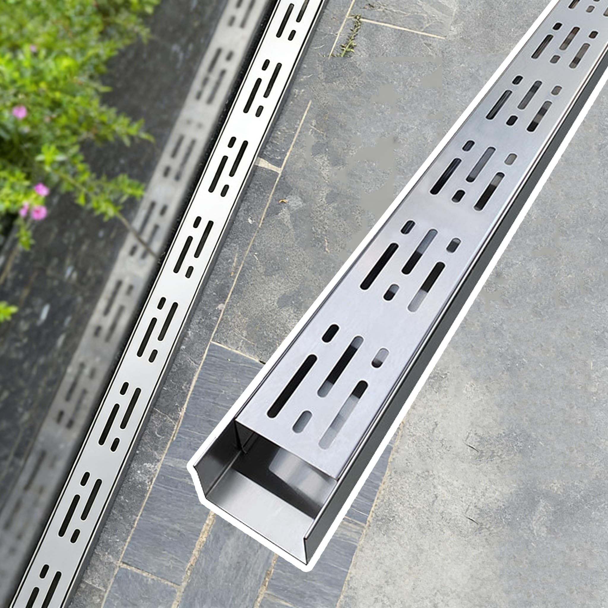 Entwässerungsrinne Terassenrinne, 1m Regenwasser Ablauf Bodenrinne aus Edelstahl Entwässerung für Hof Garten Terrasse Grabenentwässerung, Extra Flach 8cm Höhe 5cm